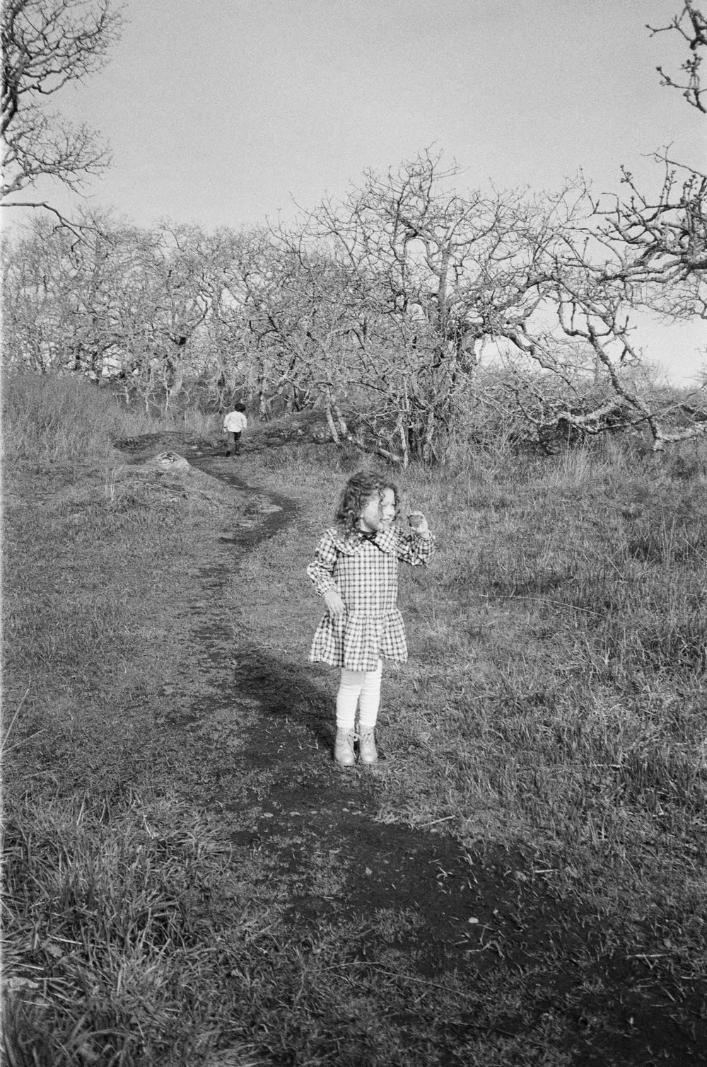 Young girl in plaid dress stands on a dirt path surrounded by bare trees, black and white film photo.