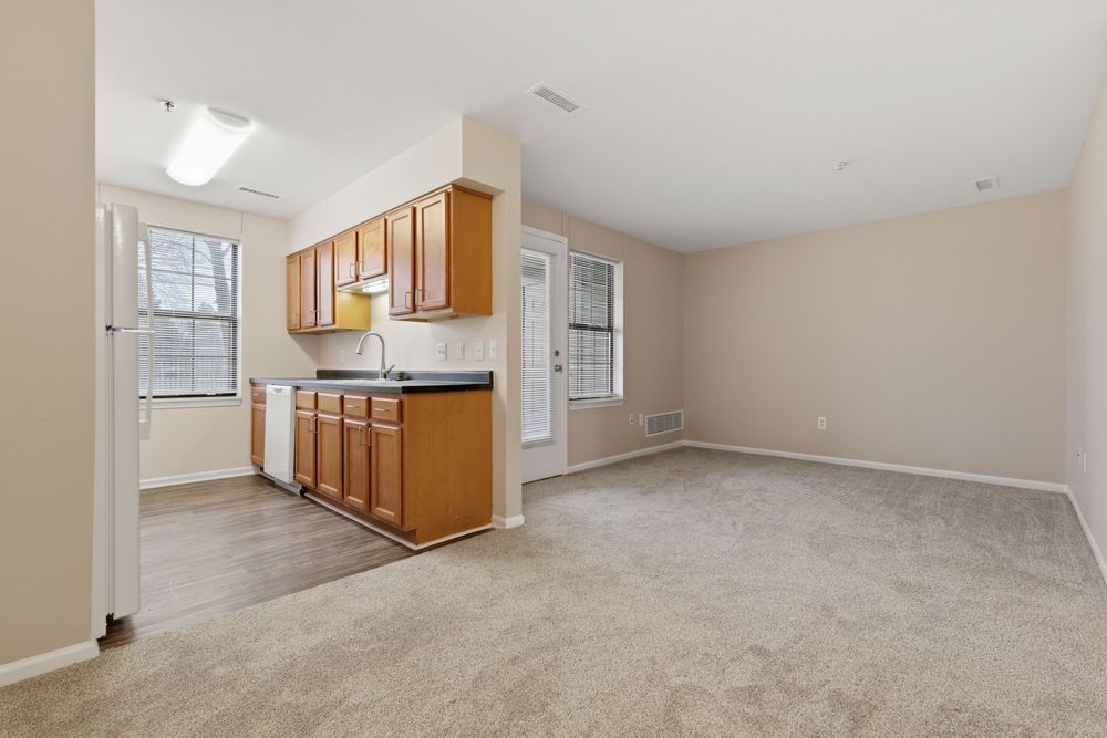 Open-concept kitchen with oak cabinets, dark countertops, and adjacent carpeted living area with large windows. Detroit MI
