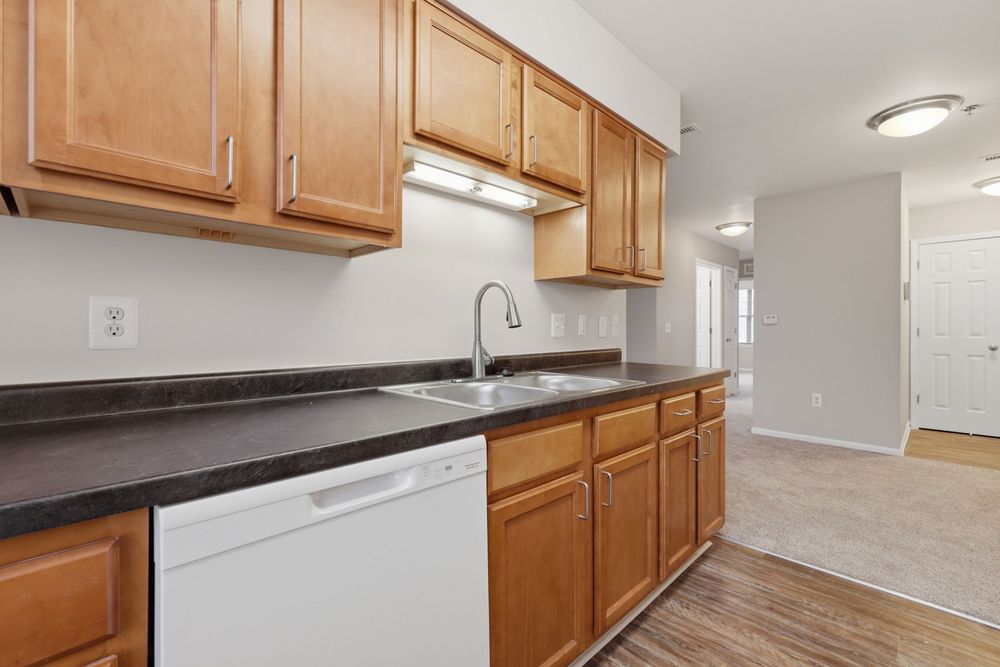 Modern kitchen with honey oak cabinets, dark countertops, white dishwasher, and sink near a sunlit doorway. Detroit MI