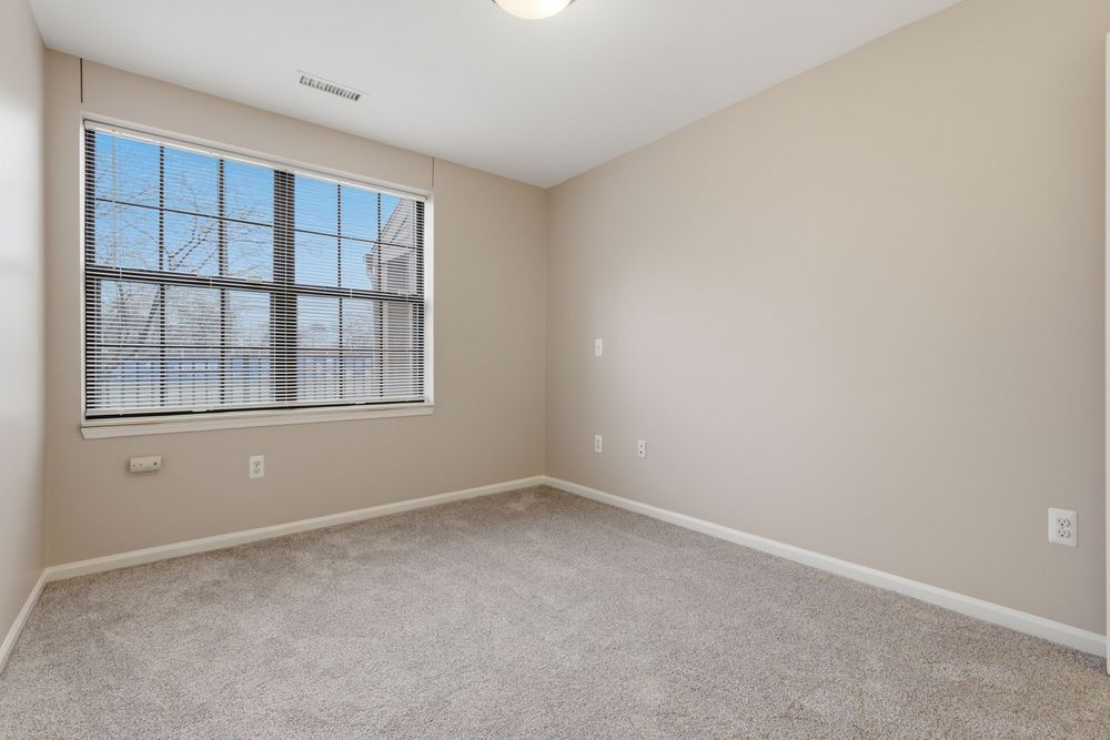 Empty carpeted bedroom with beige walls, white baseboards, and a large window allowing natural light.
