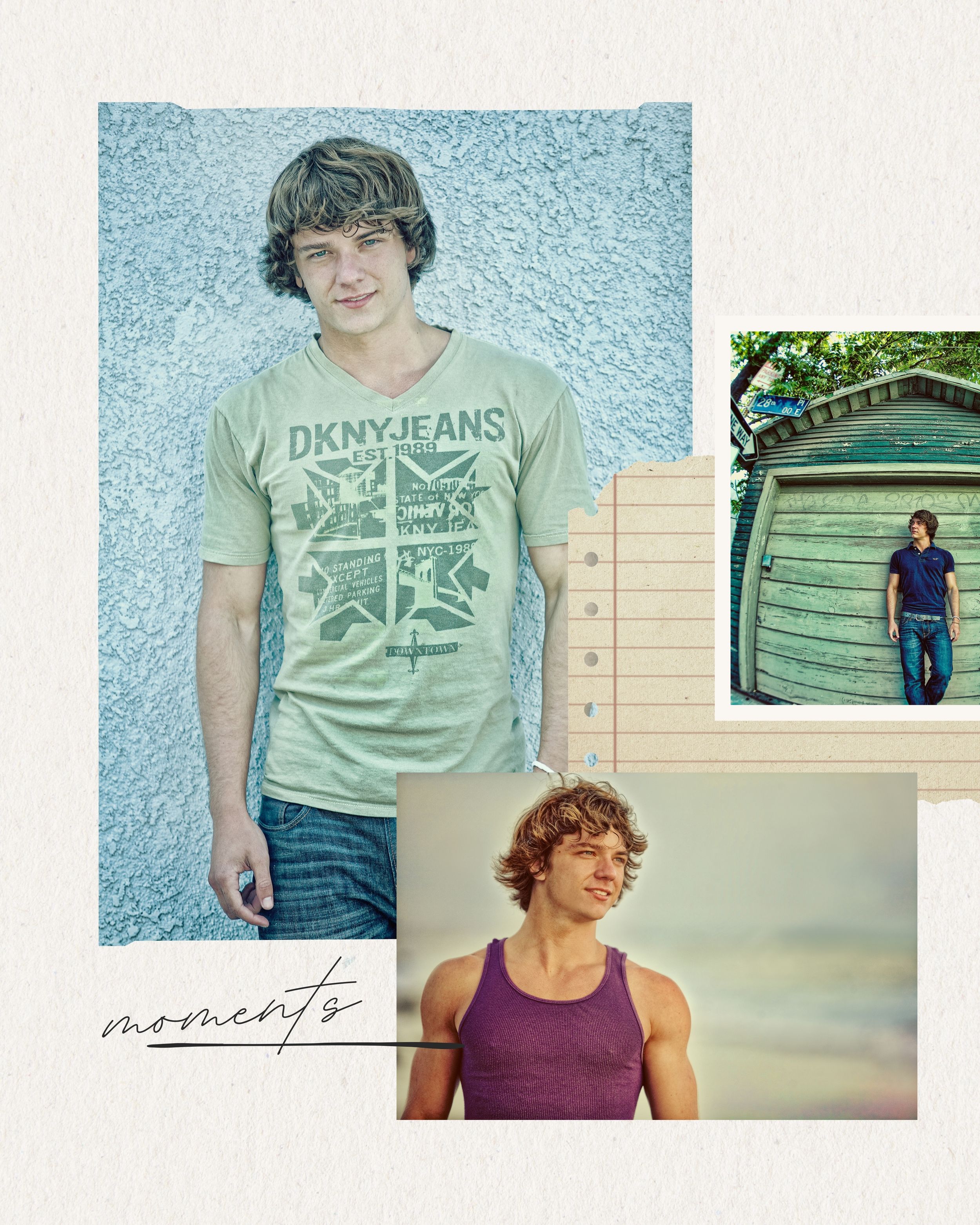 Collage of a young man in a DKNY Jeans tee, posing outdoors near a shed and at the beach.