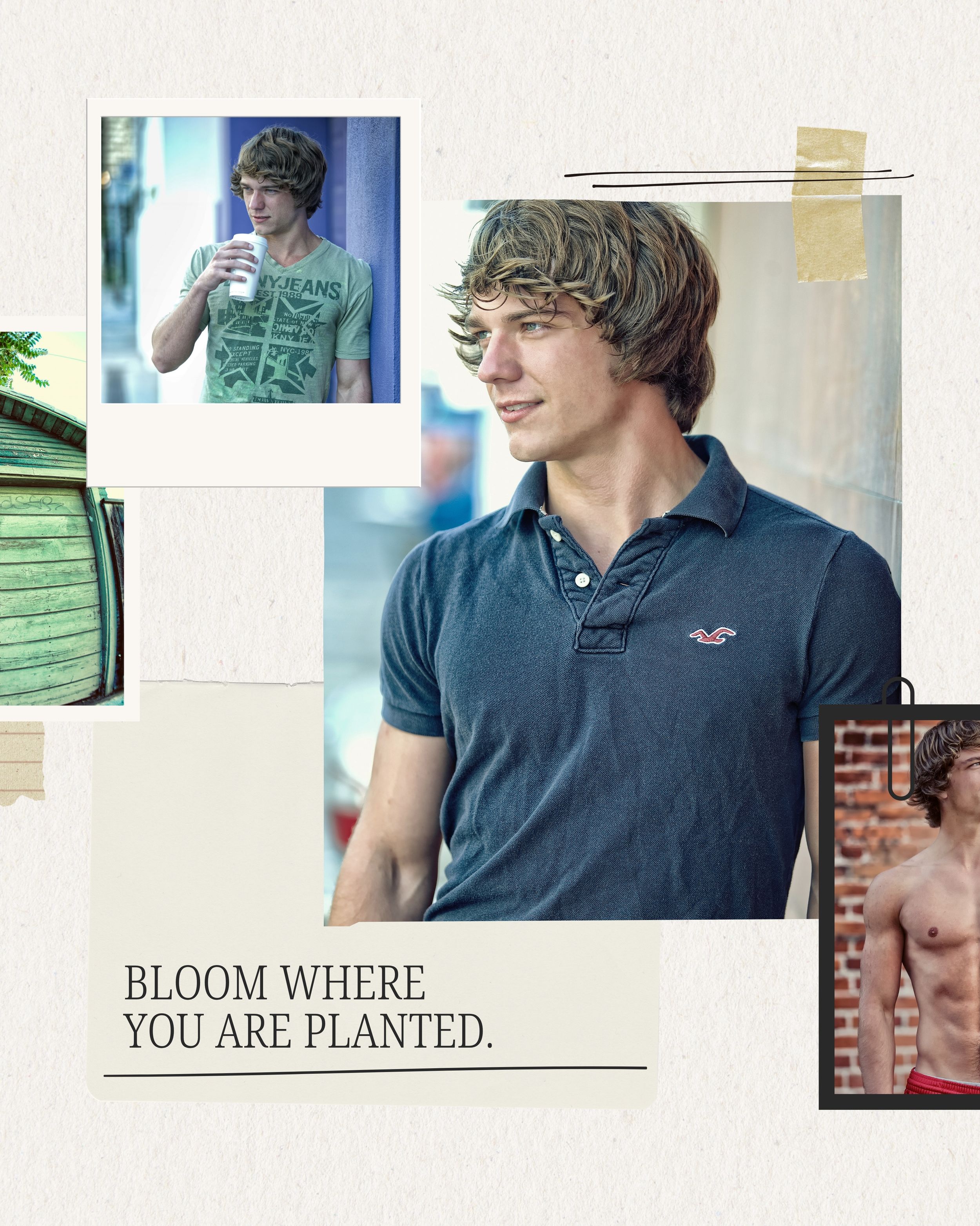 Young man in navy Hollister polo shirt smiling outdoors, collage with motivational quote Bloom Where You Are Planted.