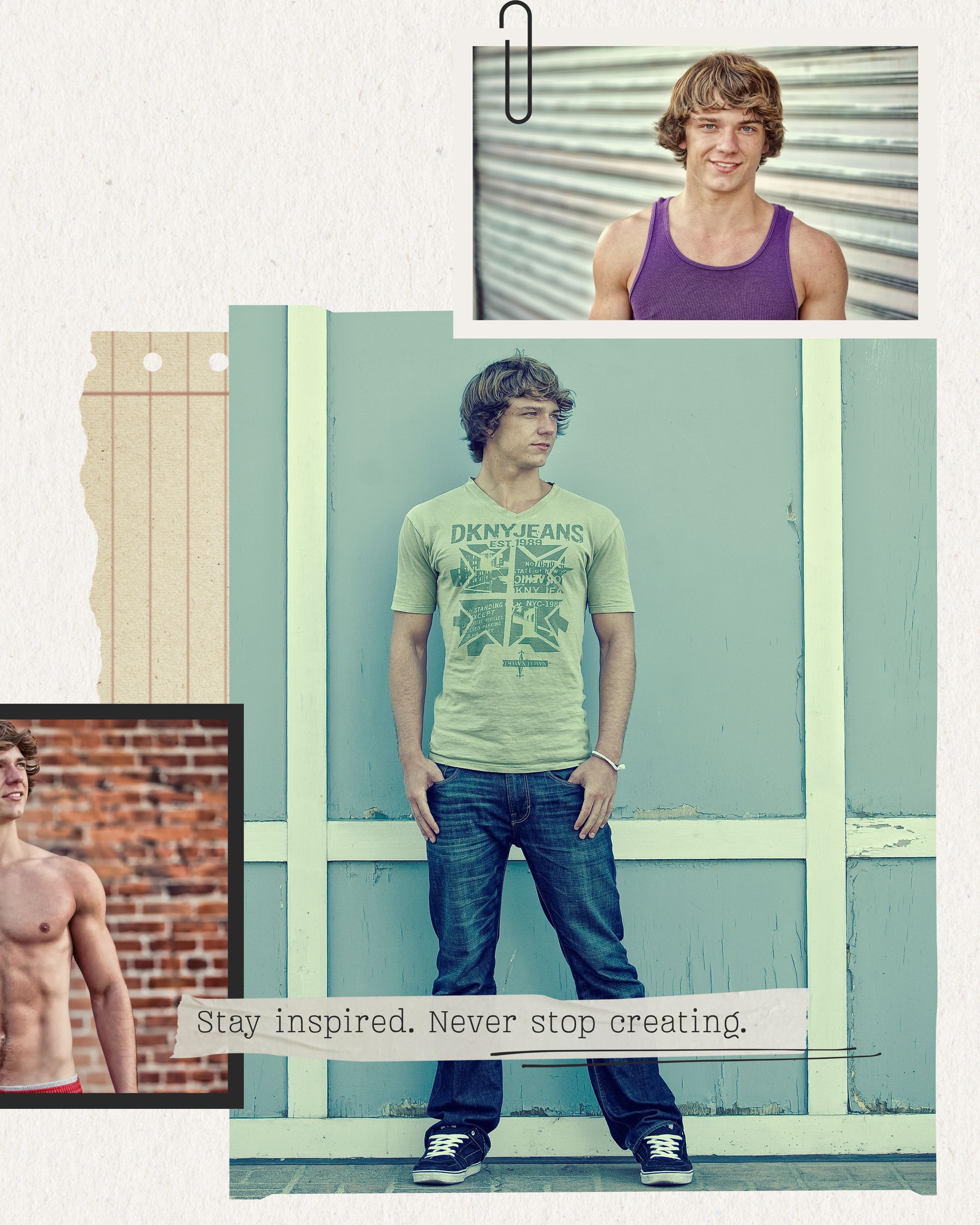 Young man in DKNY Jeans t-shirt and jeans poses against teal wall in photo collage with inspirational quote.