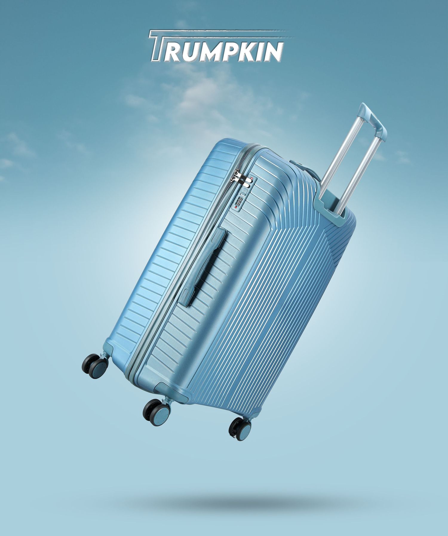 Light blue Trumpkin hardshell spinner luggage floating against a sky background, featuring ribbed design and multi-wheel base.