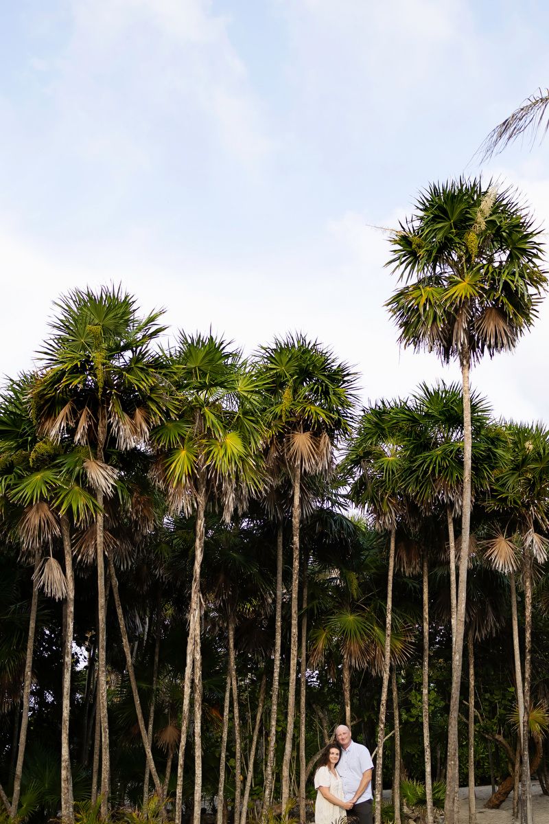 Couple embracing beneath tall slender palm trees against a blue sky in a tropical landscape.