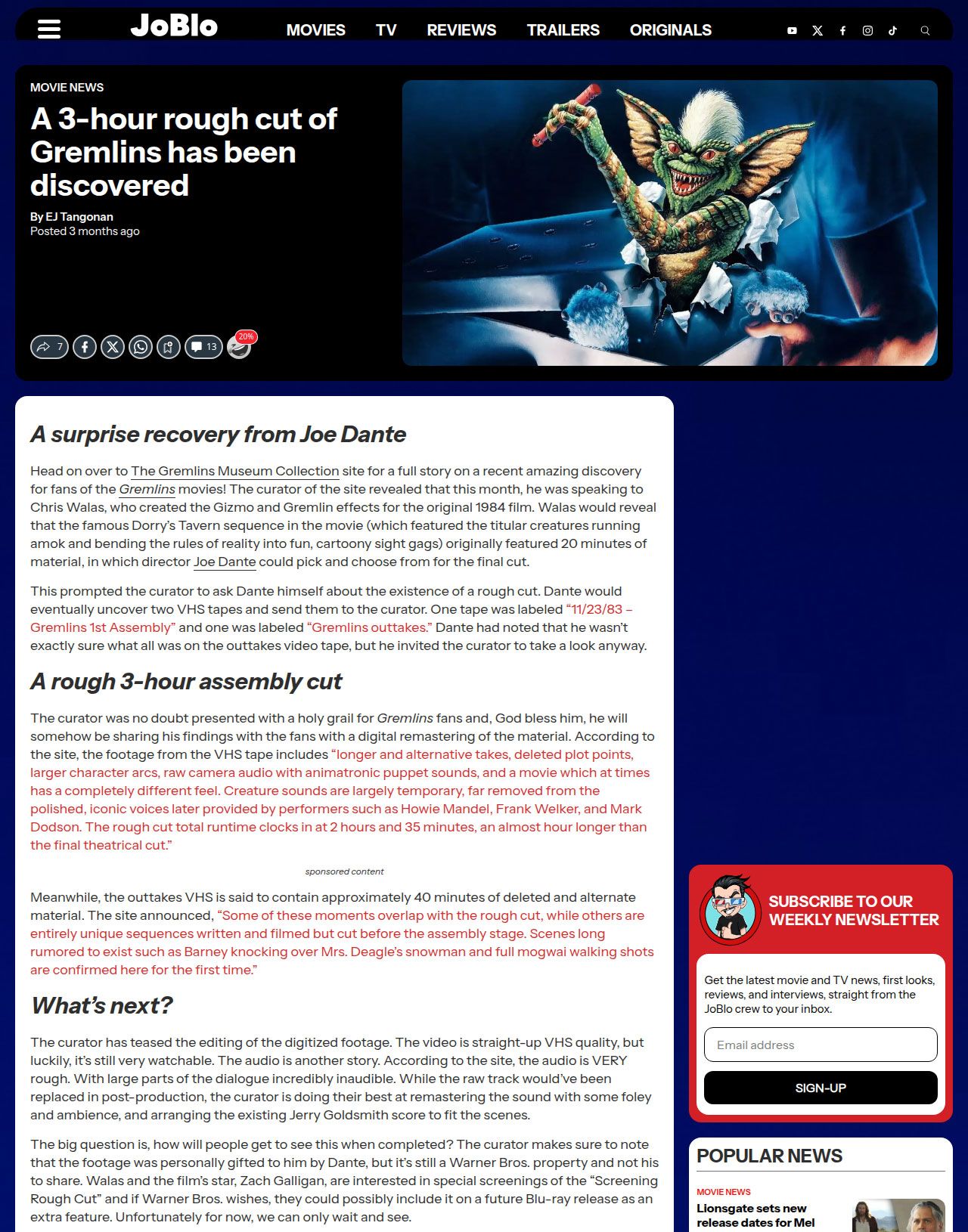 JoBlo website coverage of the Gremlins Rough Cut announcement