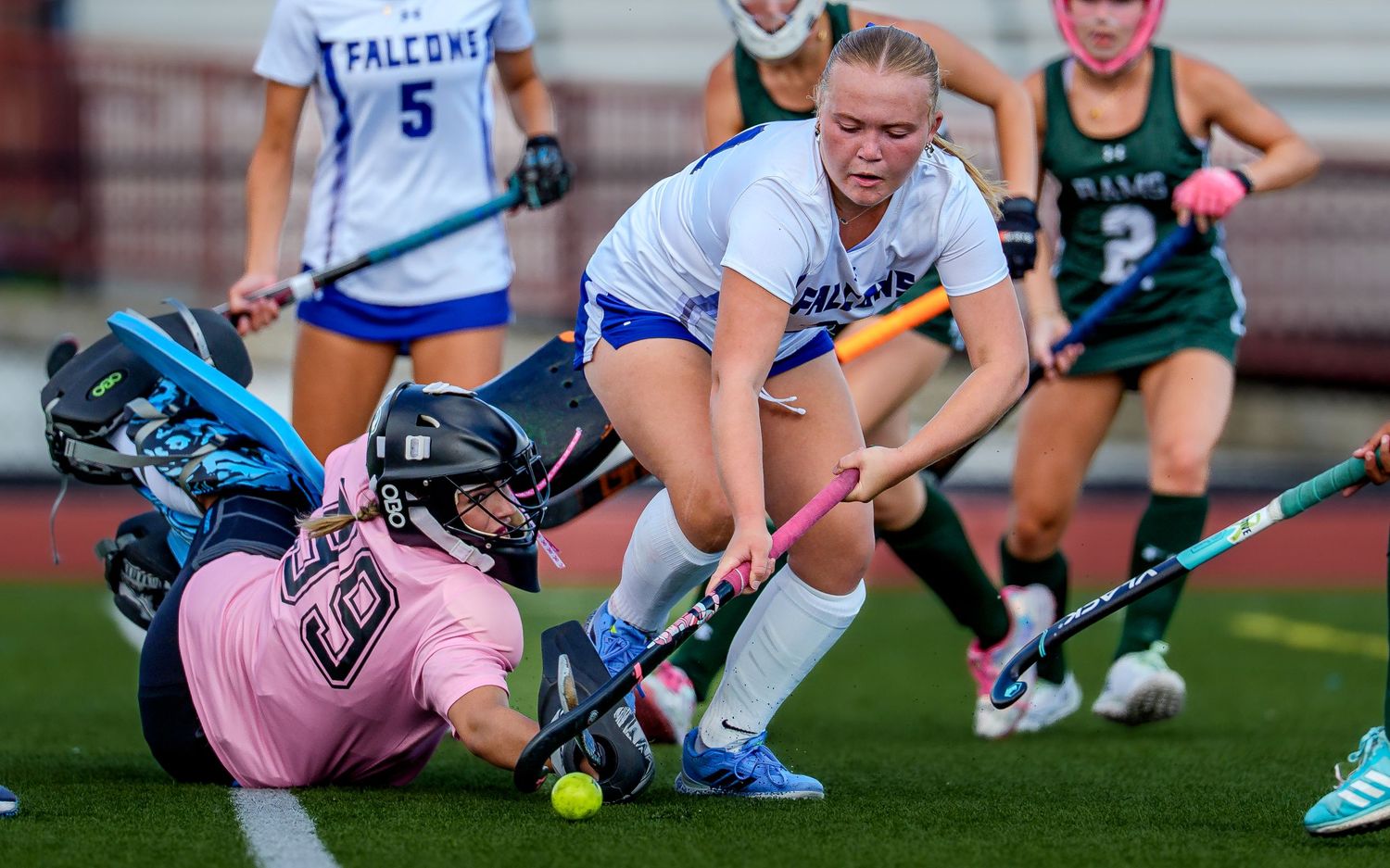 Lower Dauphin Falcons field hockey game day action stick battle, Central PA, by Deanna Fox, SportsFox Photography, Hershey PA