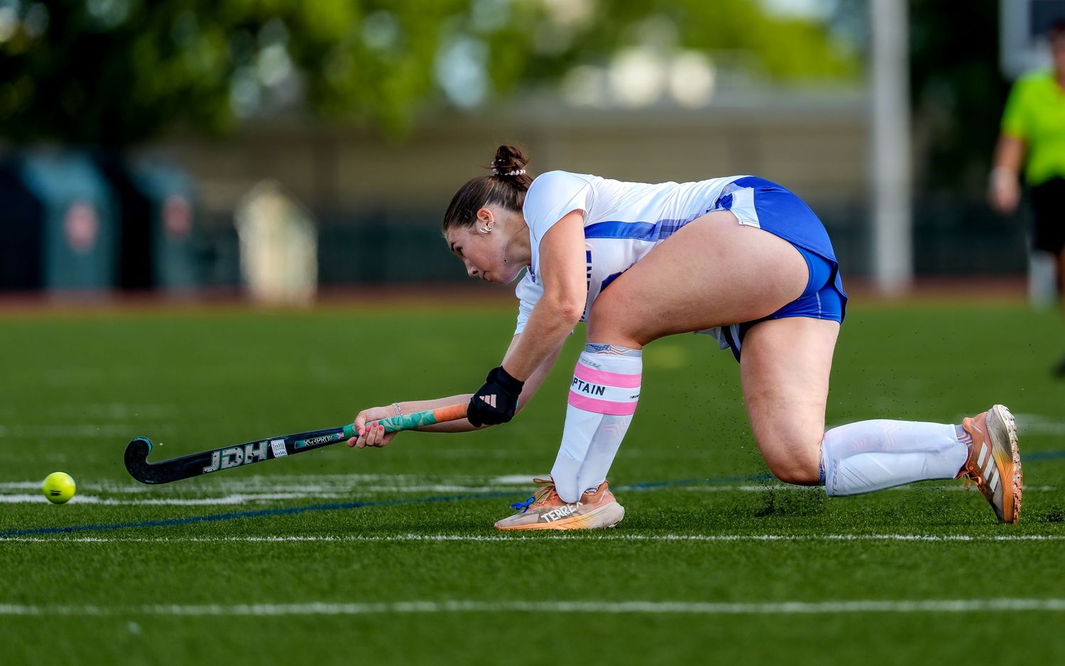 High school field hockey player low drive game day action, Central PA, by Deanna Fox, SportsFox Photography, Hershey PA