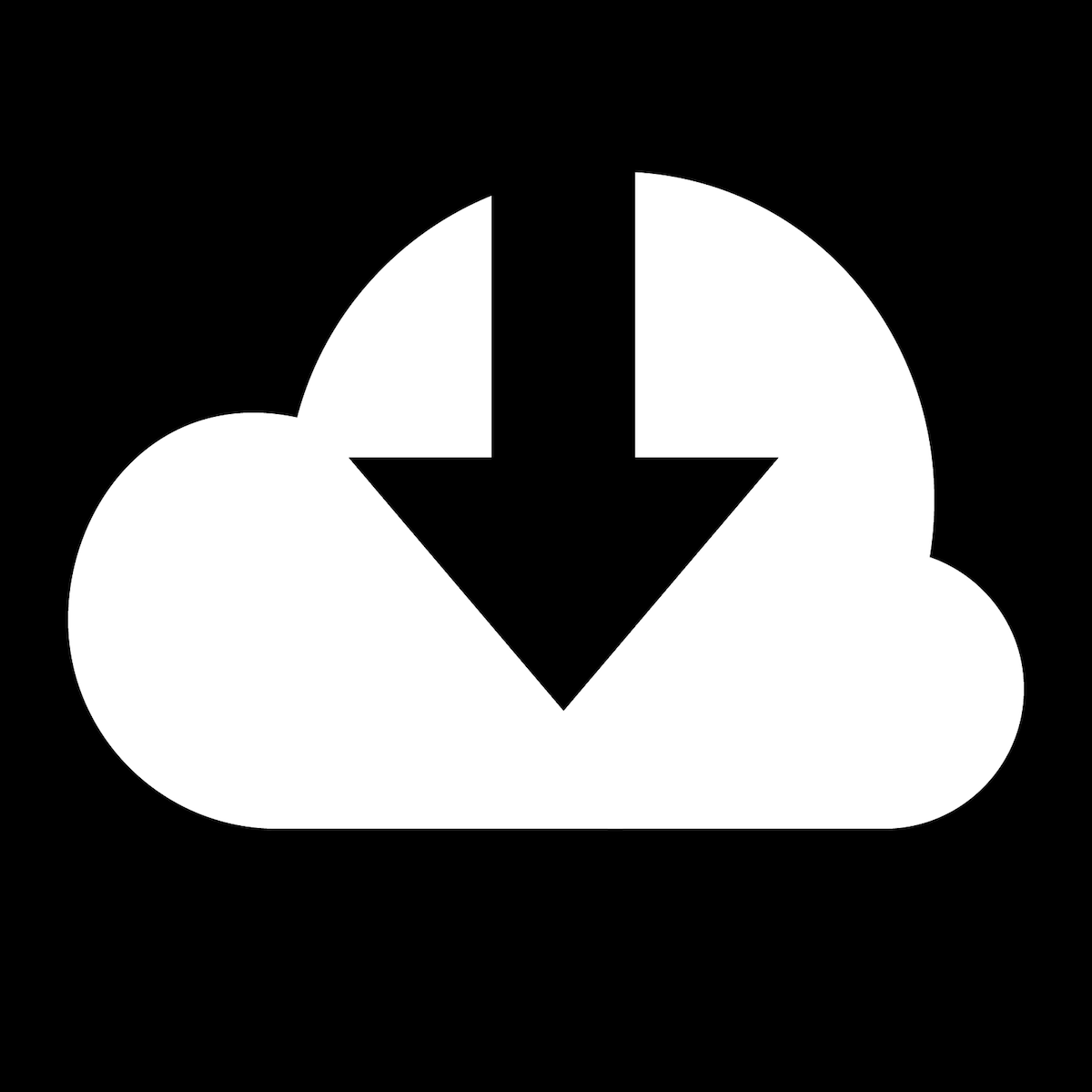White cloud download icon with downward arrow symbol on black background for cloud storage or data transfer concept.