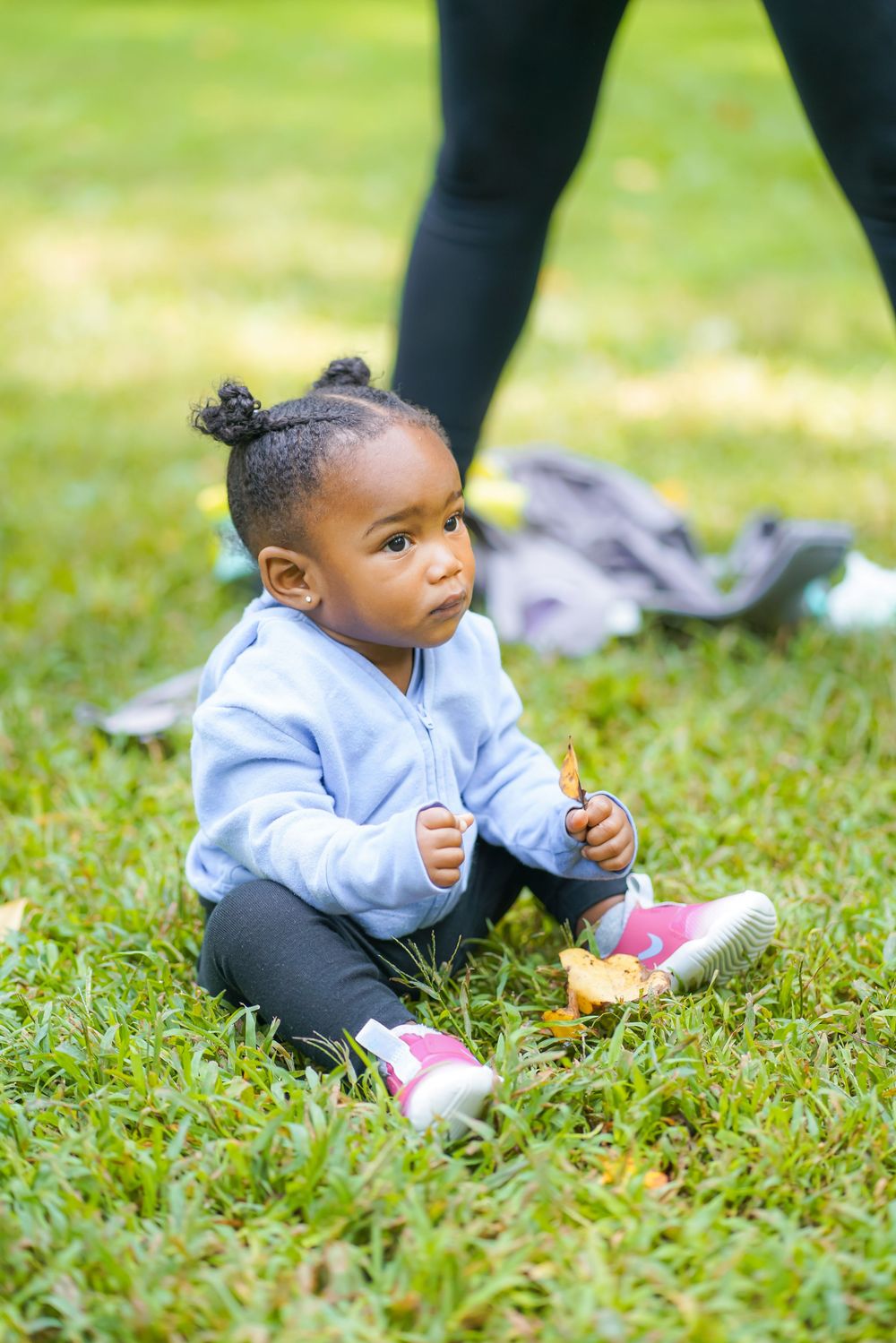Adorable Black toddler in blue hoodie sitting on green grass holding a leaf in an outdoor park.