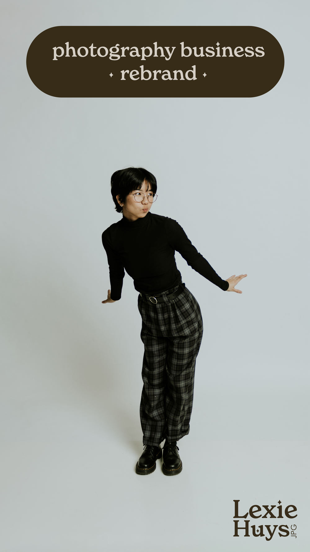 Young person in black turtleneck and plaid pants poses dynamically for Lexie Huys photography business rebrand.