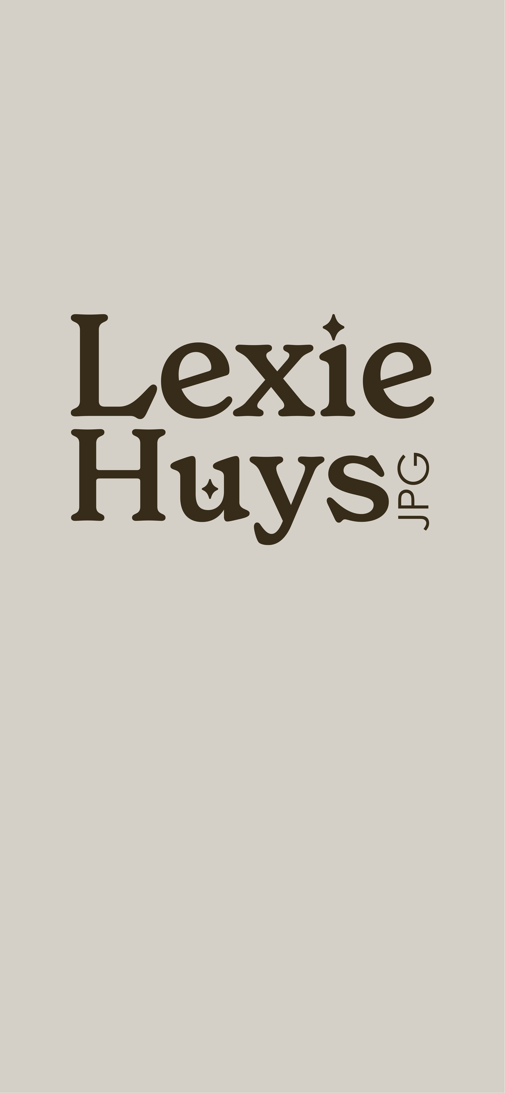 Lexie Huys JPG logo on a beige background in dark brown serif typography with decorative star accents.