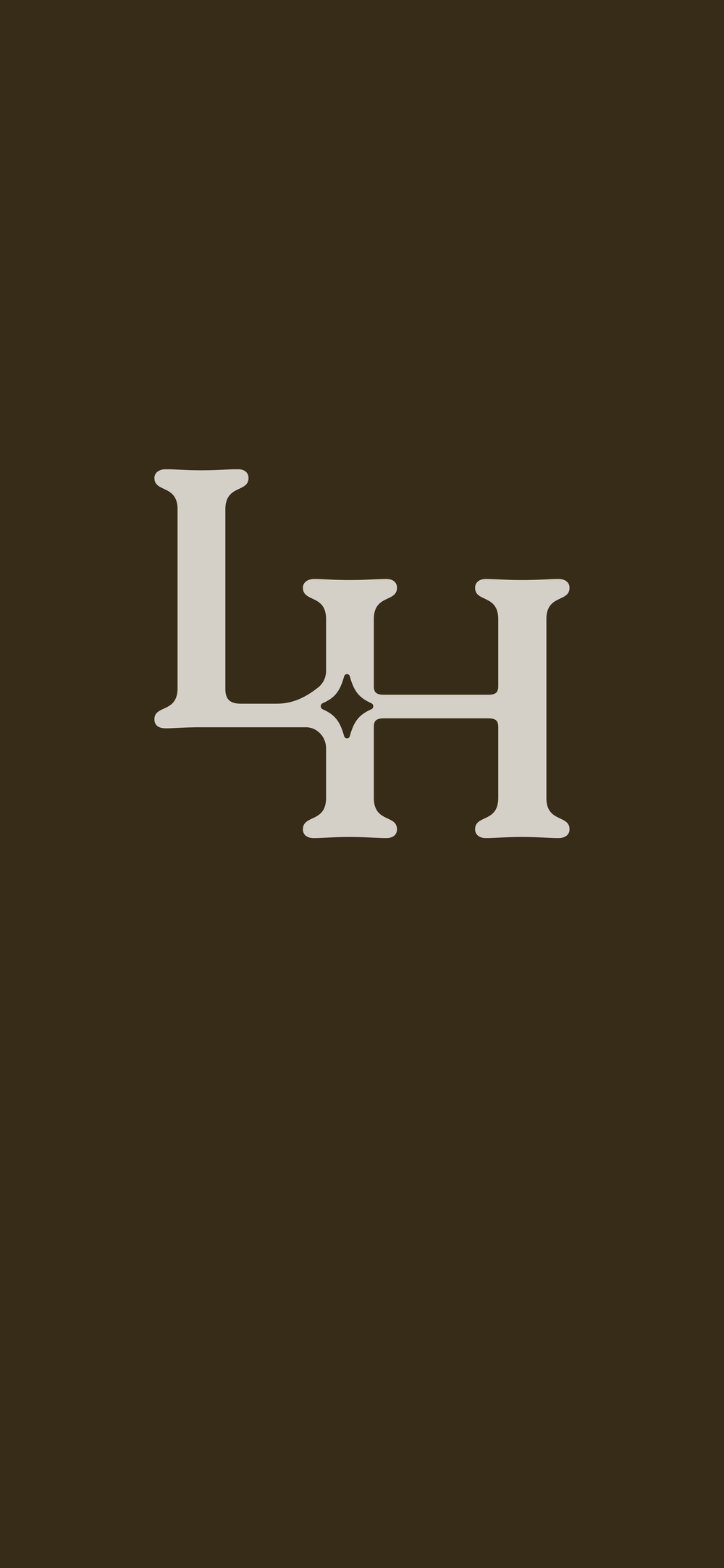 Elegant LH monogram logo in cream on dark brown background, featuring a decorative star accent where the letters intersect.
