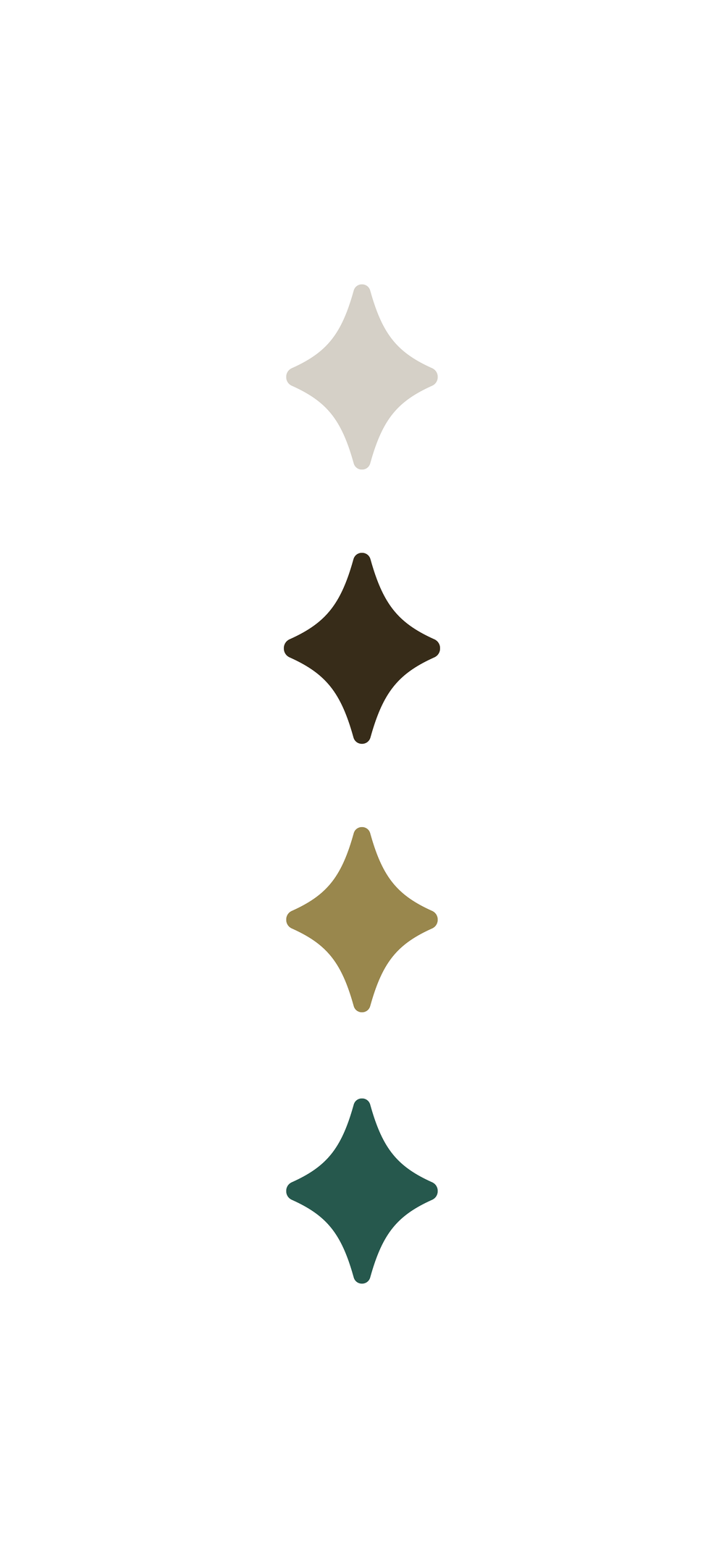 Four four-pointed stars arranged vertically in beige, dark brown, olive gold, and teal colors on white background.
