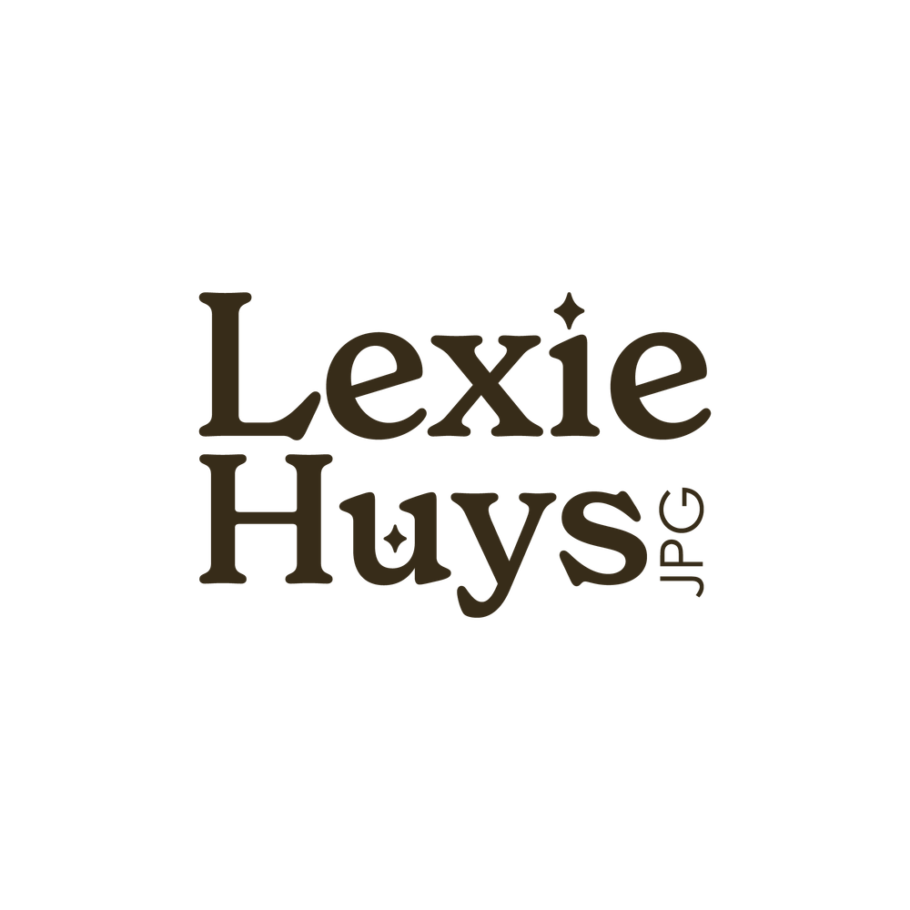 Lexie Huys JPG photography logo in dark brown serif font on white background.