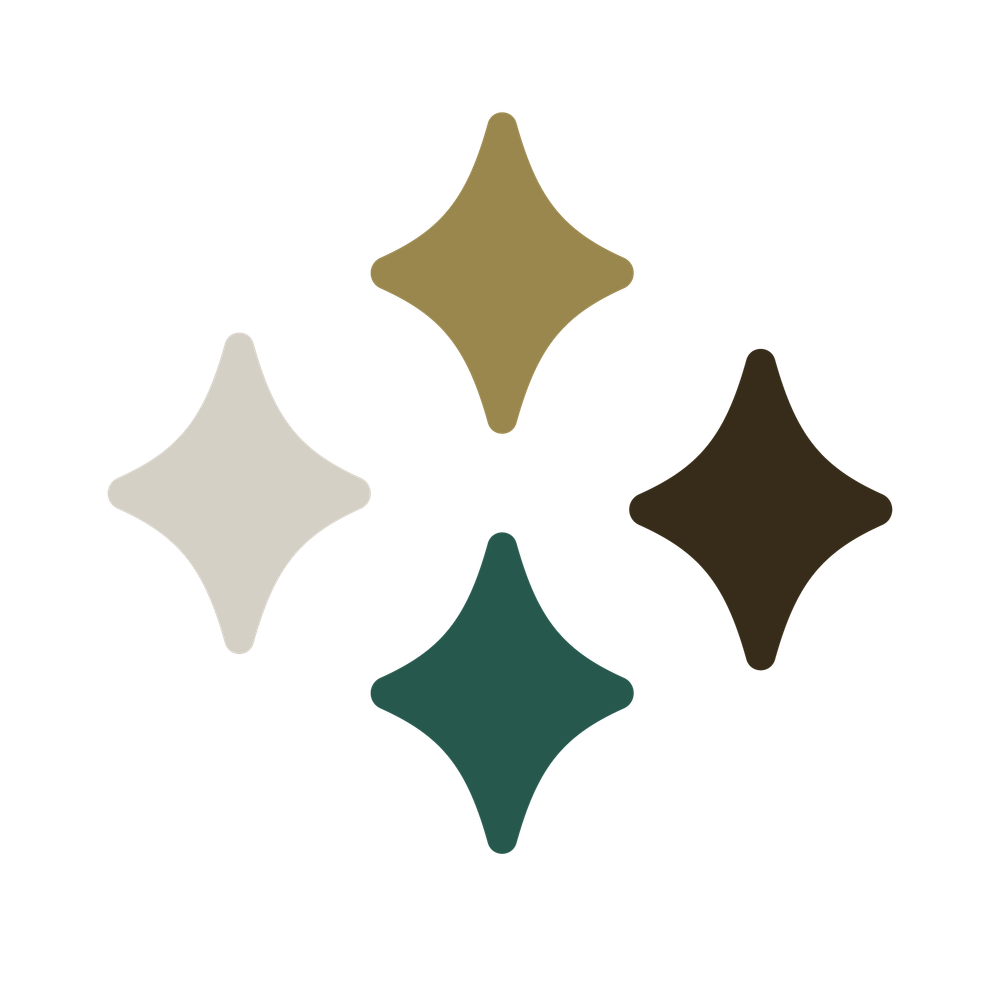 Four four-pointed stars in beige, olive, dark teal, and brown arranged in a diamond pattern on white.