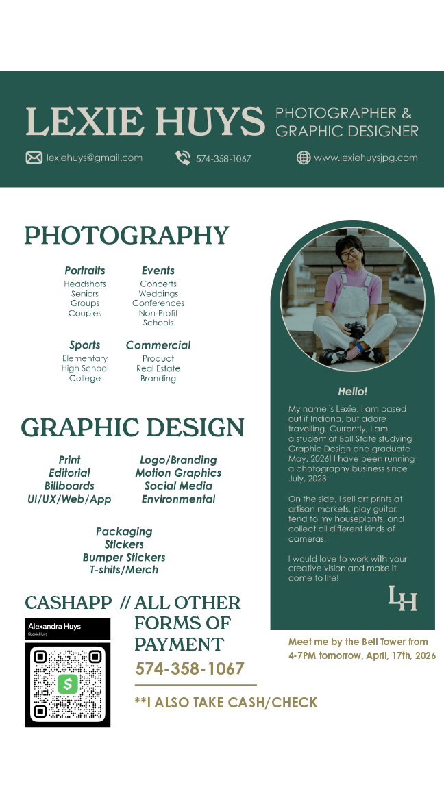 Lexie Huys photographer and graphic designer promotional flyer listing services, contact info, and photo of young woman outdoors.