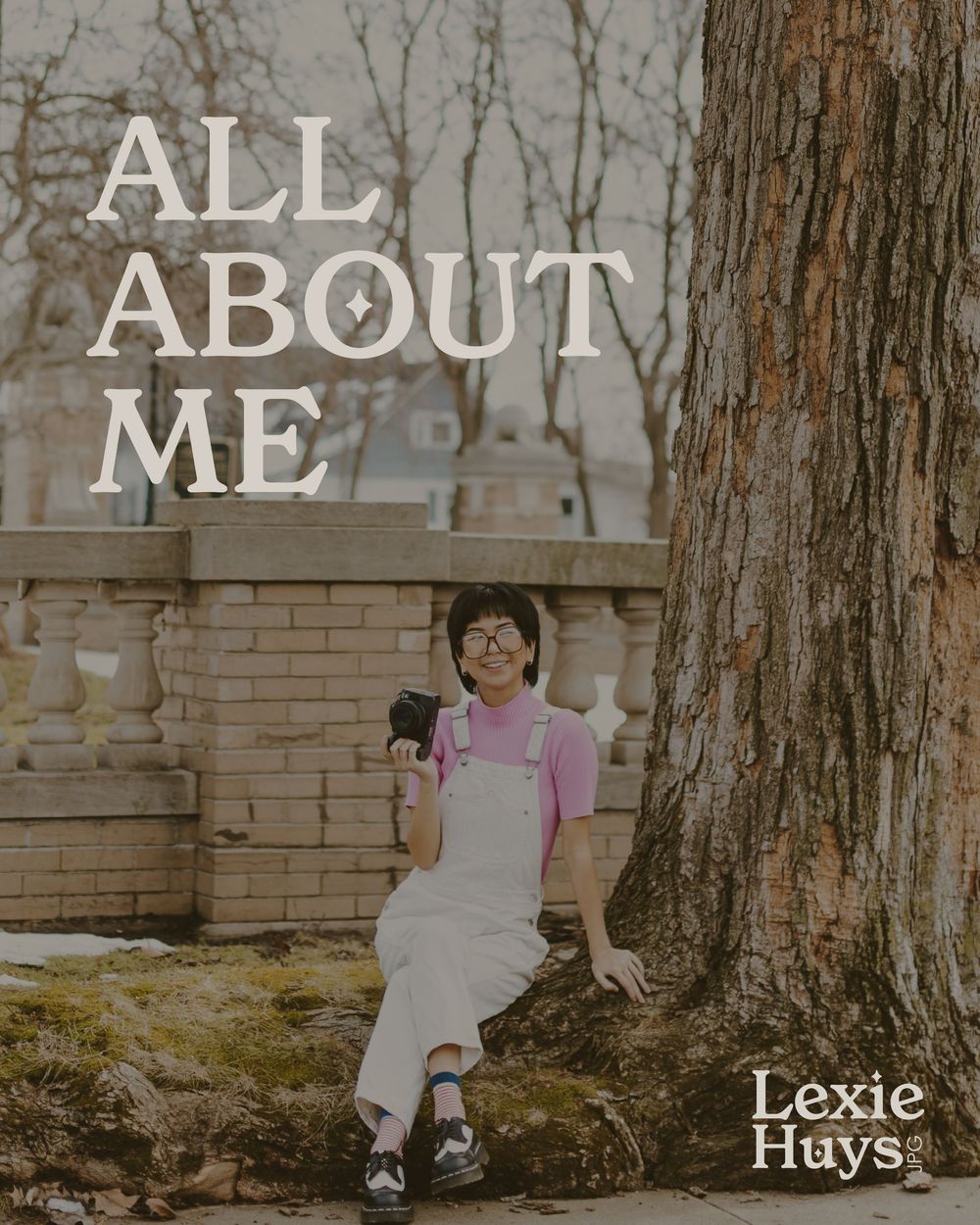 Young woman leaning against tree with camera, All About Me text overlay, Lexie Huys branding.