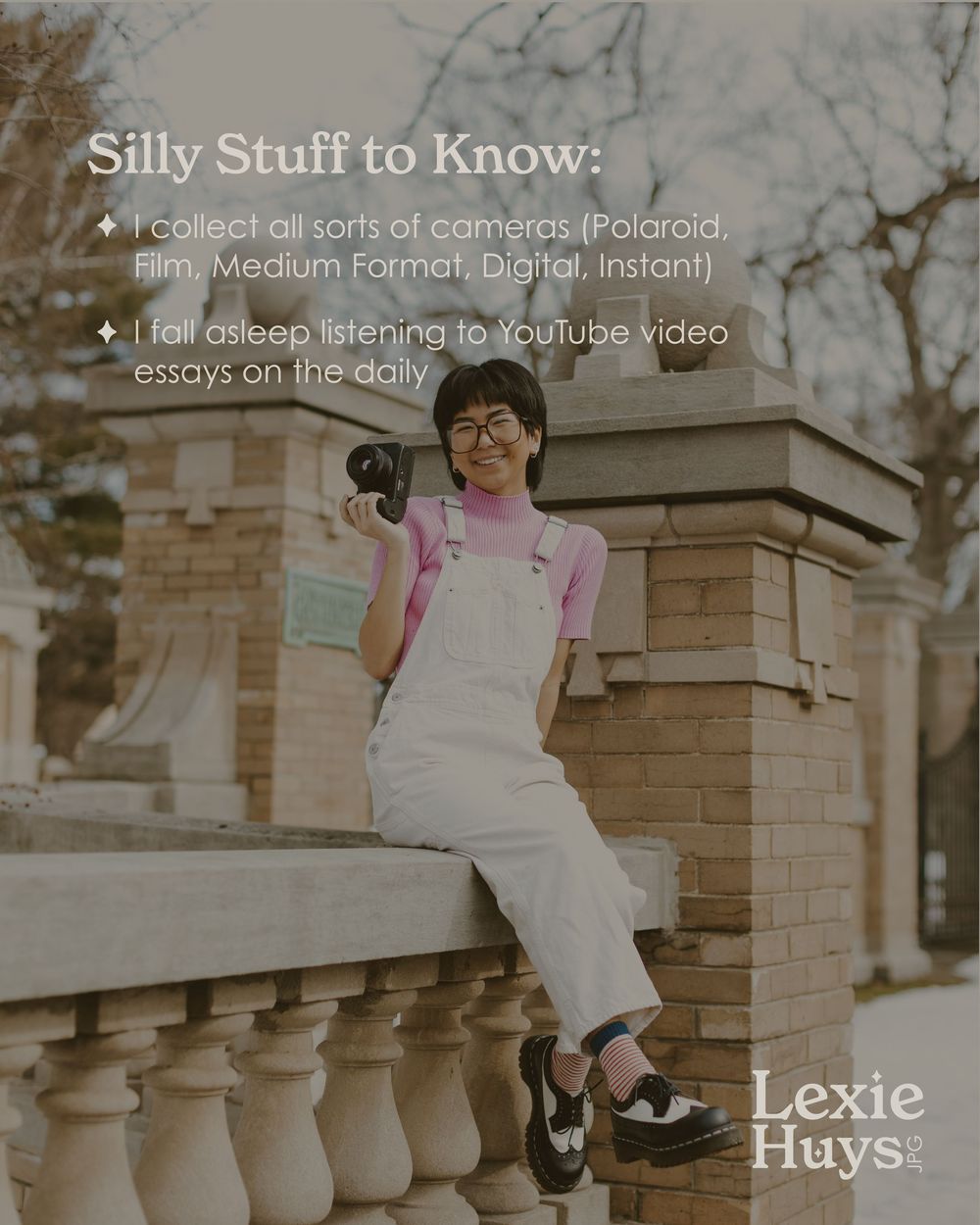 Lexie Huys sits on a stone wall outdoors holding a camera, wearing white overalls and pink shirt, with text about camera collecting.