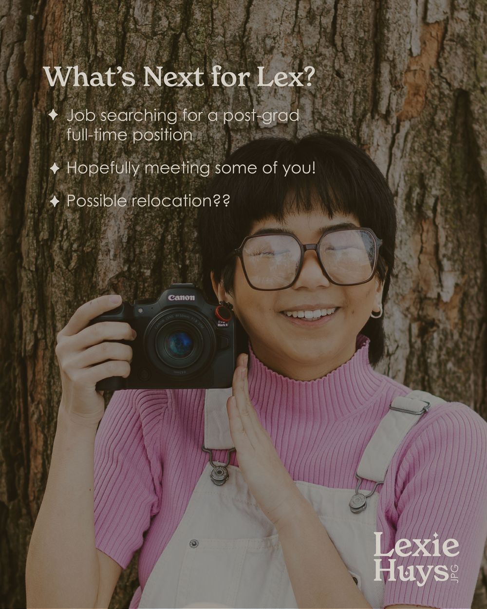 Young woman smiling with Canon camera, text reads What's Next for Lex, job search and relocation plans.