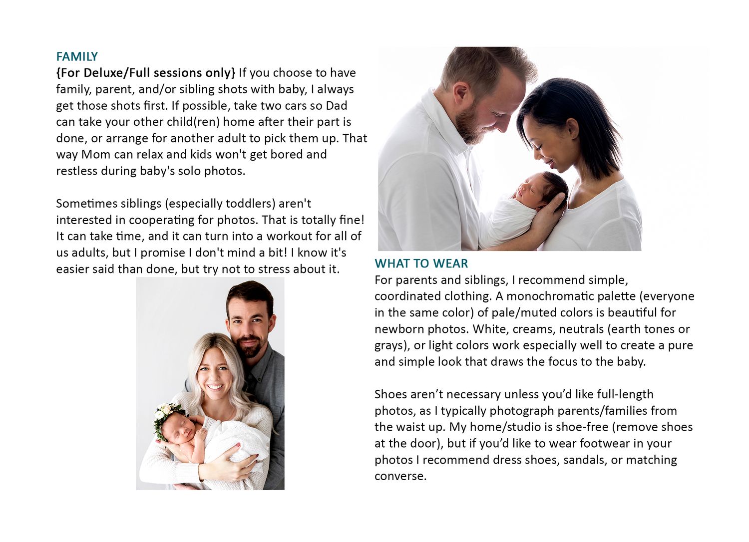 A family poses for a professional photo session, featuring parents with young children in coordinated neutral outfits.