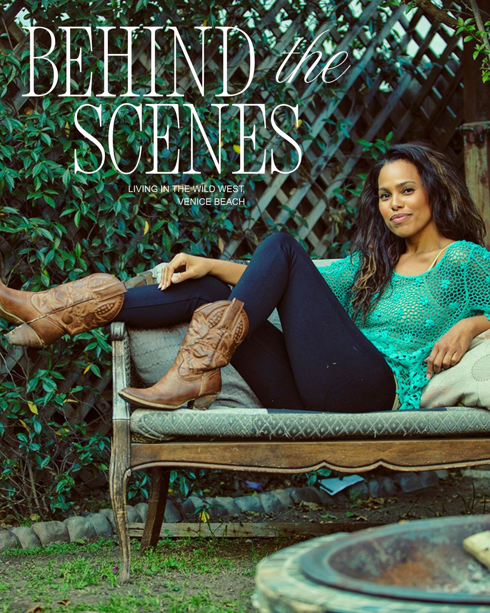 Woman in green top and cowboy boots poses on vintage bench for Behind the Scenes Venice Beach magazine feature.