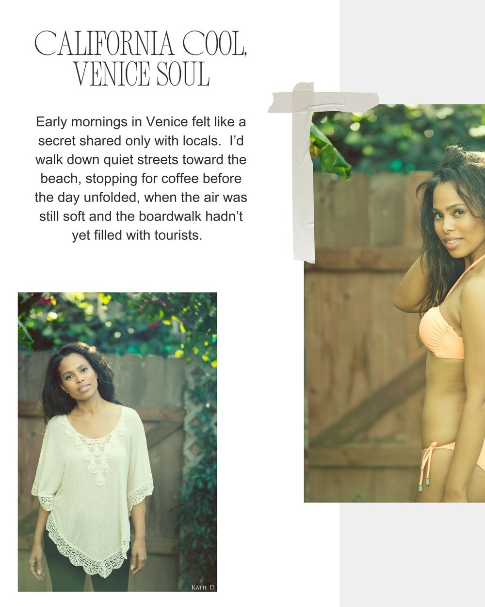 Woman in white lace tunic and woman in peach bikini pose outdoors in Venice Beach, California setting.