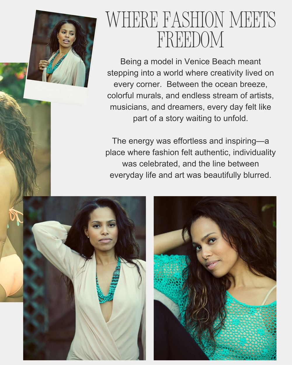 A model poses in Venice Beach wearing a teal necklace and white top, embodying bohemian fashion freedom.