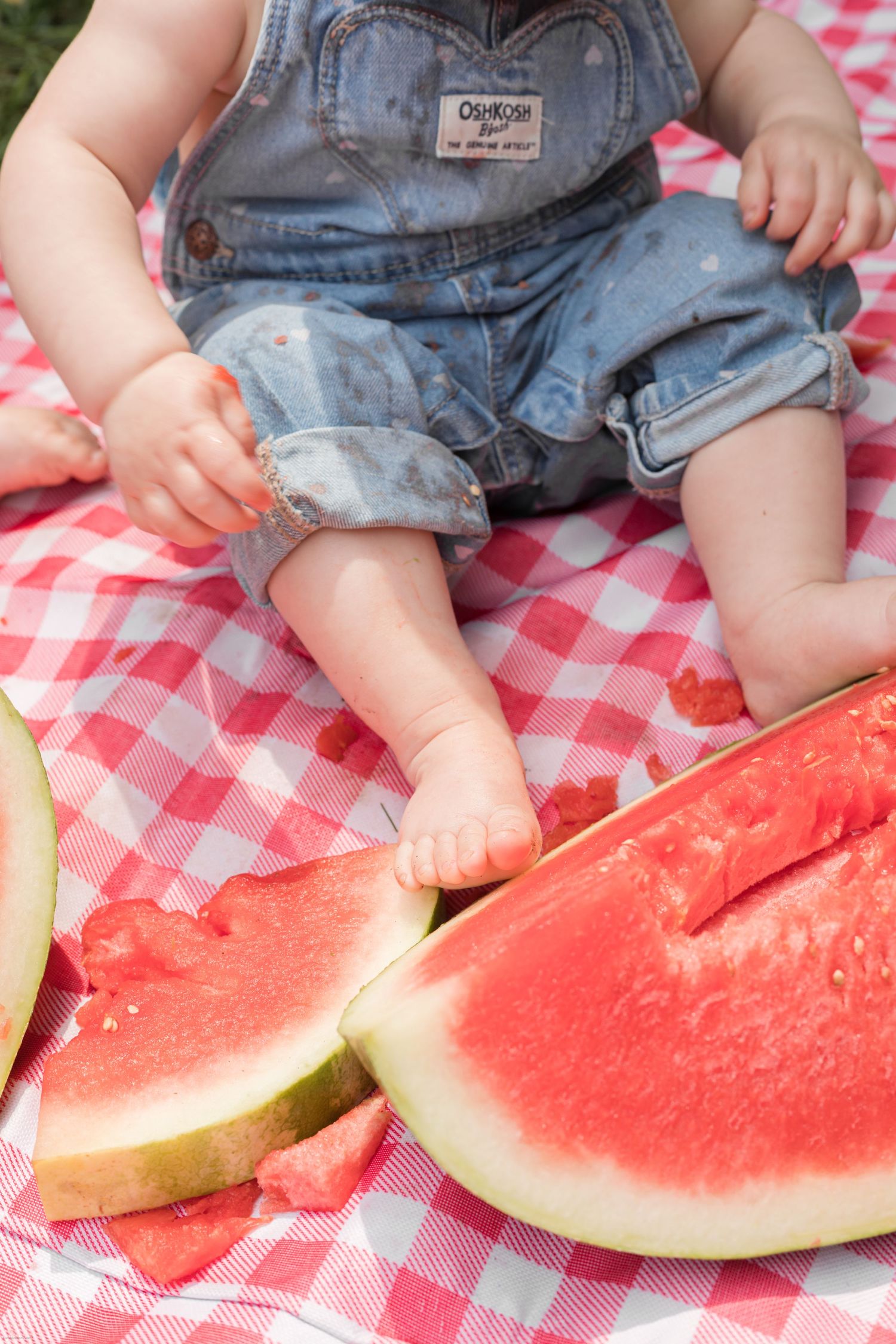 Fresh watermelon slices on red and white checkered picnic blanket with denim overalls visible.