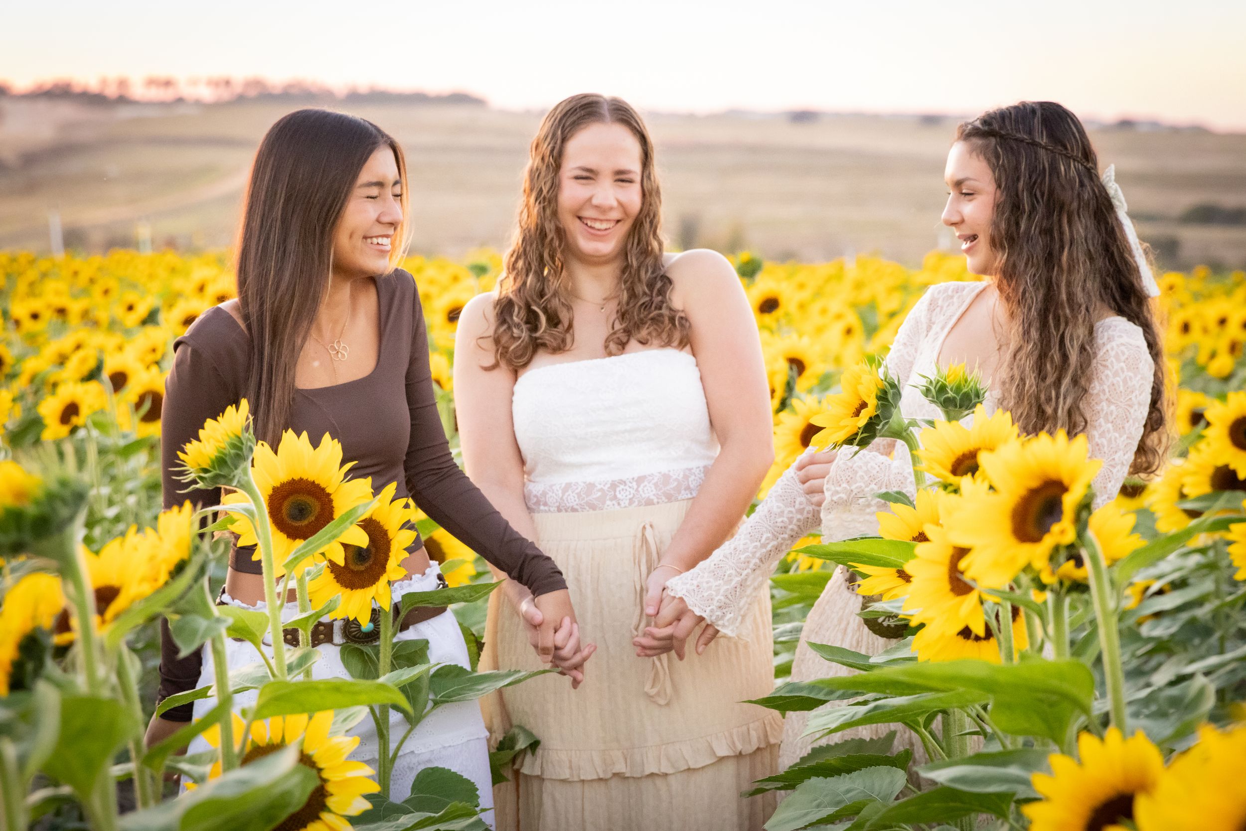 Three women smiling and holding hands in a vibrant sunflower field at golden hour.