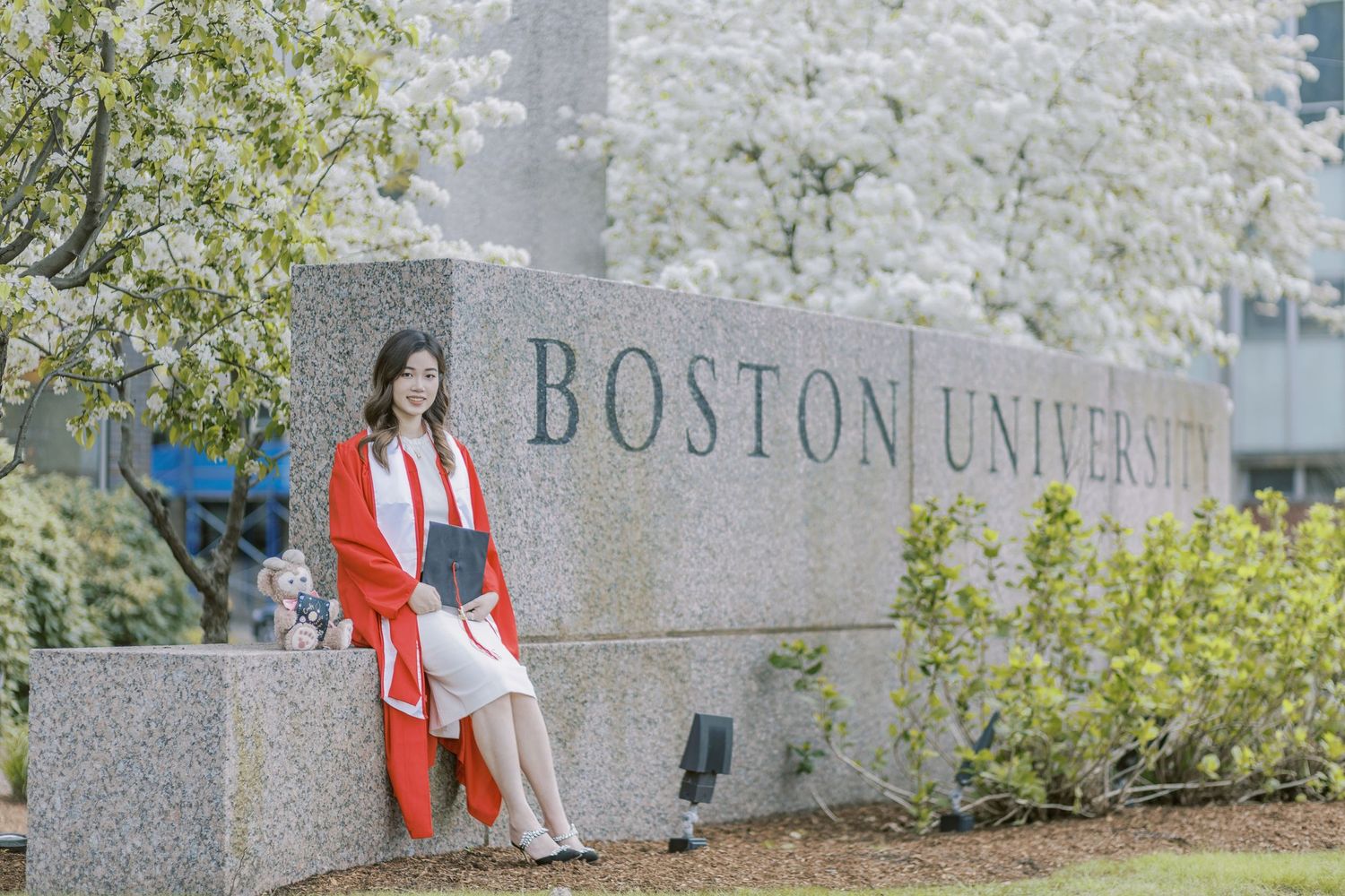 Boston University Graduate in red regalia poses by Boston University stone sign surrounded by blooming white trees on a spring day.