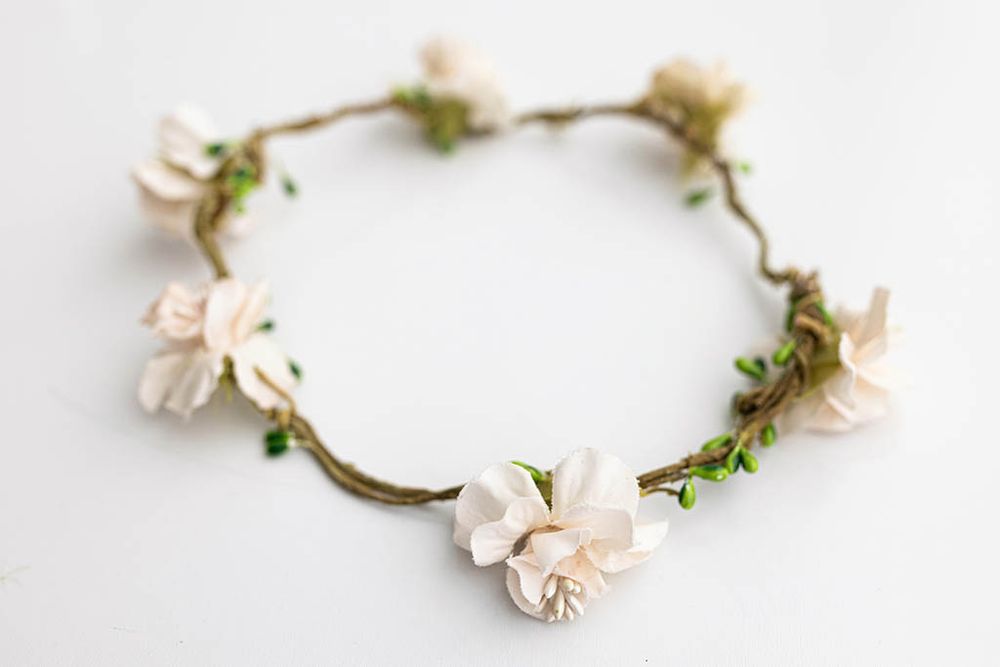 Rustic cream fabric flower crown headband for newborn and baby photoshoot, Menifee CA.