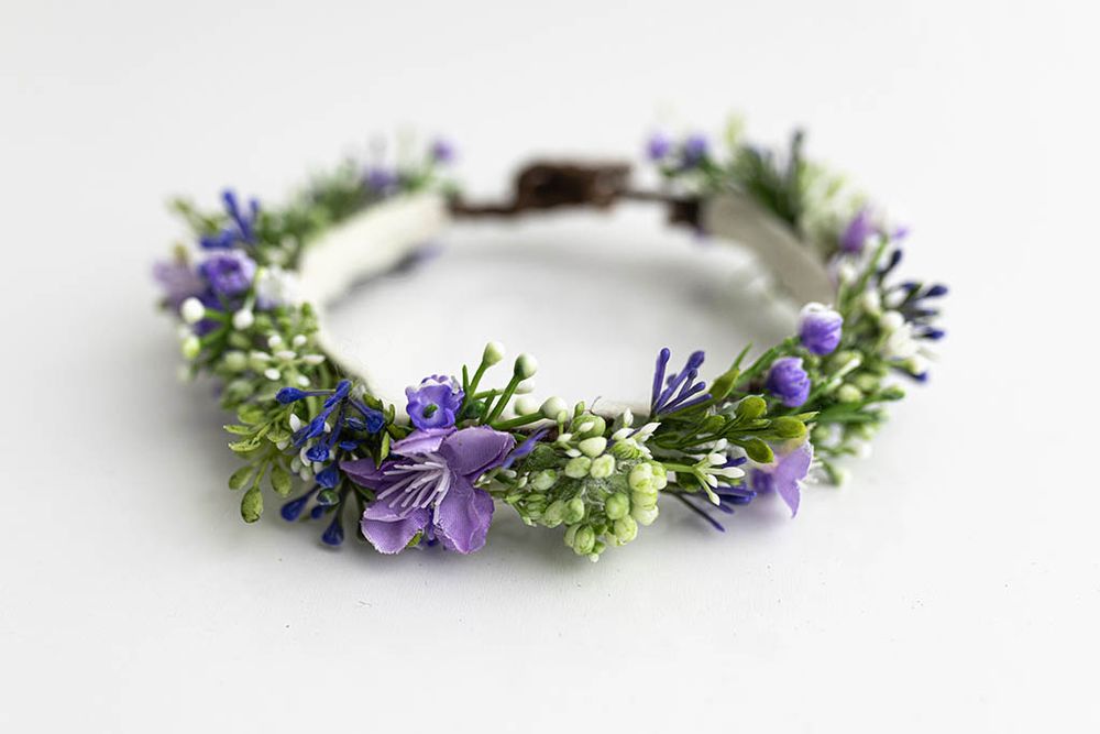 Purple and blue wildflower crown for baby girls photos in Riverside.