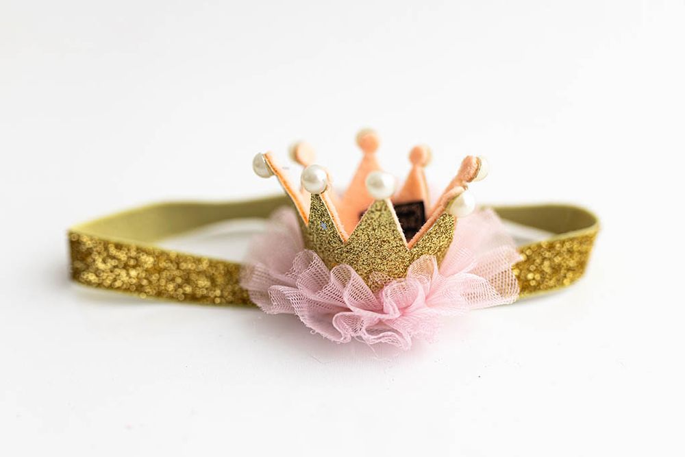 Gold glitter headband with pink crown and tulle for baby girls photo session in Murrieta.