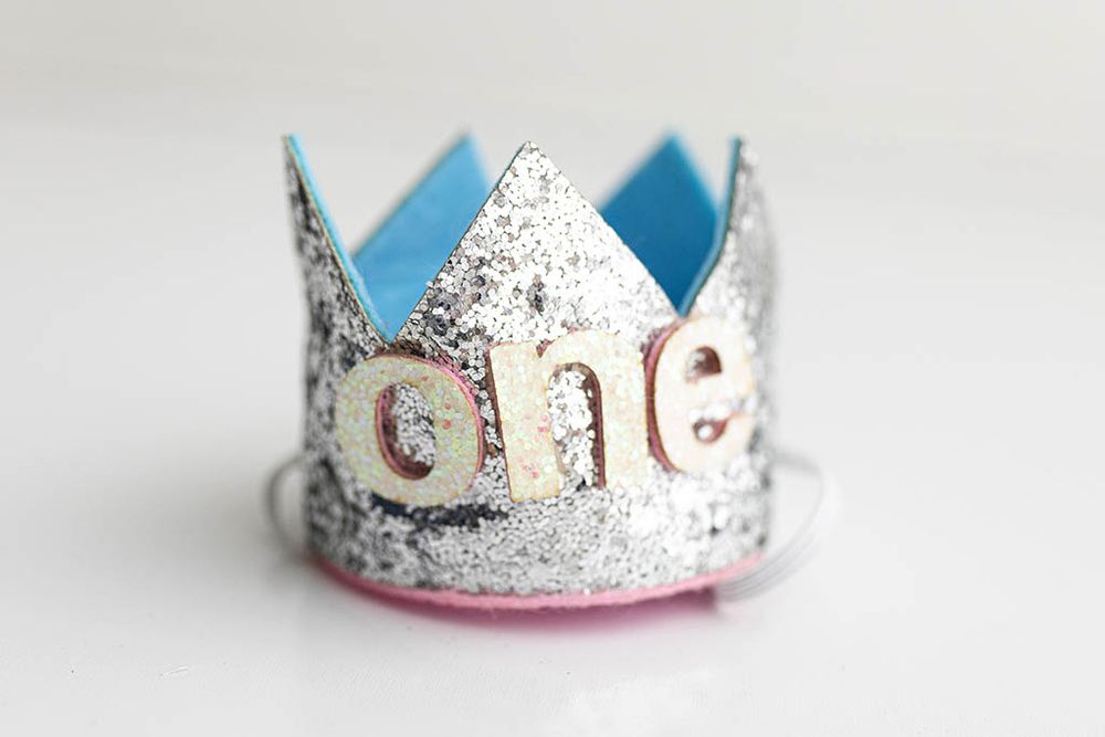 Silver glitter mini birthday crown for cake smash & first birthday sessions.