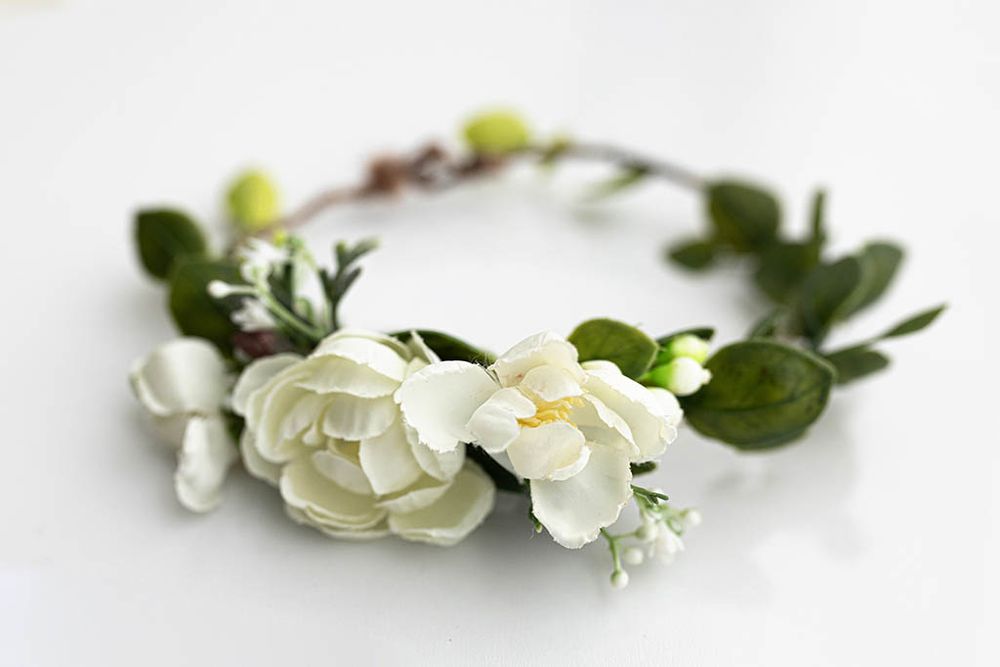 Handmade white peony flower crown headband with green leaves for newborn, baby, or child photography in Temecula California.