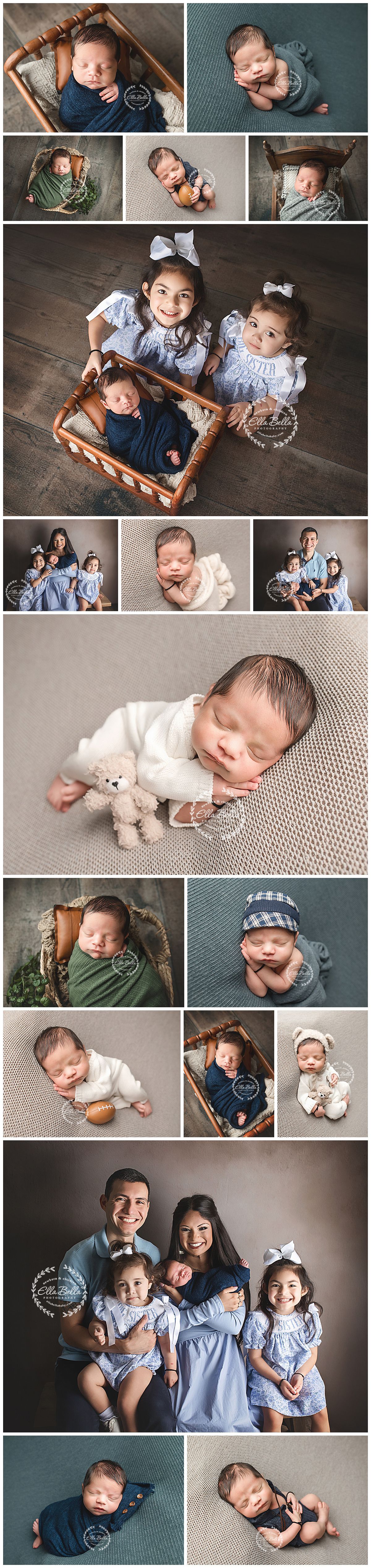 Newborn photography collage featuring a baby boy with siblings, parents, and solo shots in blue and neutral tones.