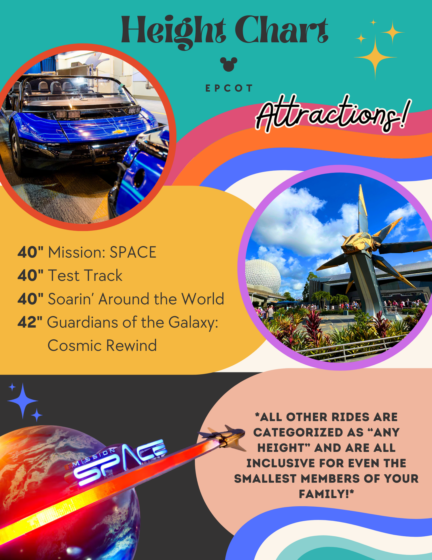 EPCOT height chart showing ride requirements with Test Track car and Mission Space rocket images.