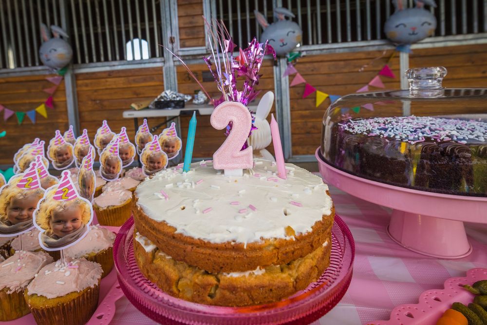 A 2nd birthday cake with pink candles displayed on a table with cupcakes and decorations in a barn.