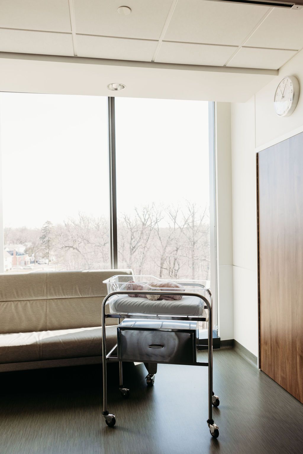 Hospital room with newborn bassinet near large windows overlooking bare winter trees, with a sofa bed and clock on wall.