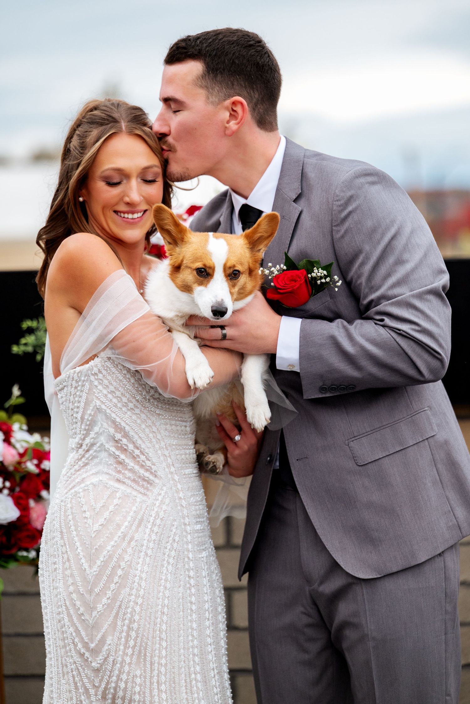 Bride and groom kissing while holding a Corgi dog on their wedding day, dressed in white gown and gray suit.
