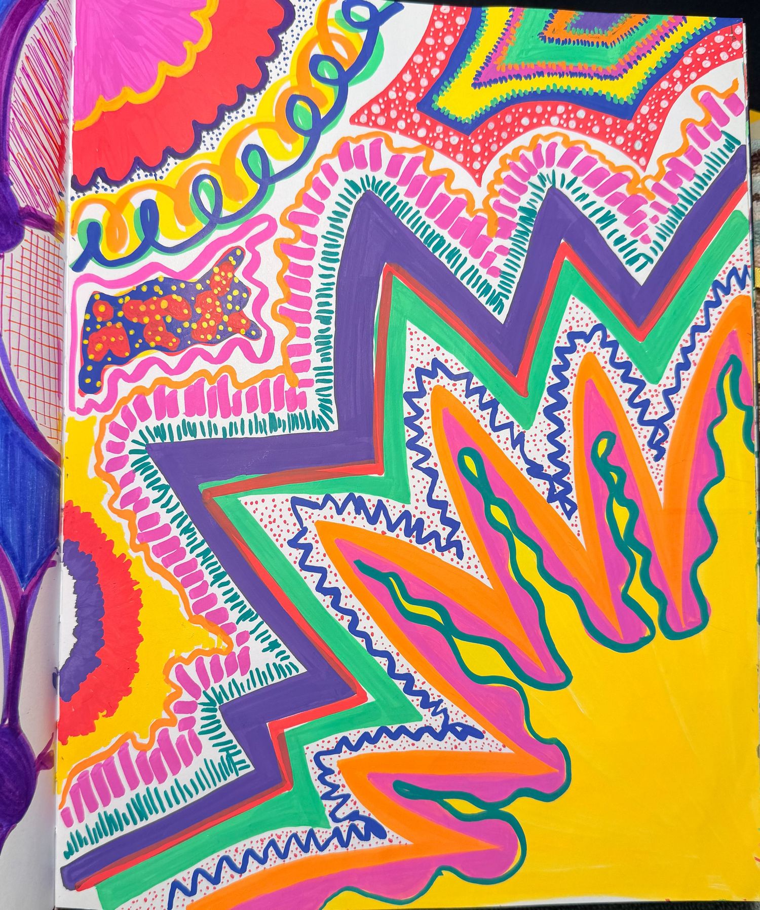 Vibrant psychedelic eye drawing with orange iris, pink details, and colorful rainbow rays in marker art style.