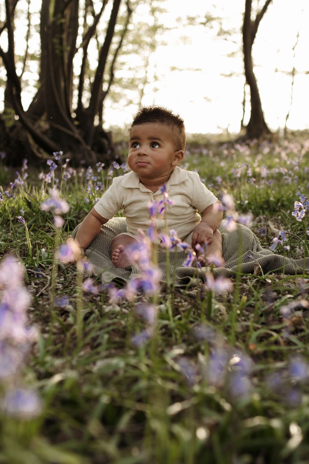 An adorable baby boy in a cream romper sits among blooming bluebells in a sunlit woodland meadow.