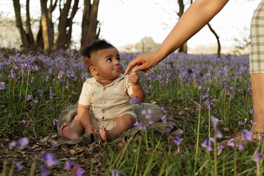 A baby sits in a bluebell field, reaching up to touch an adult's hand in a serene outdoor setting.