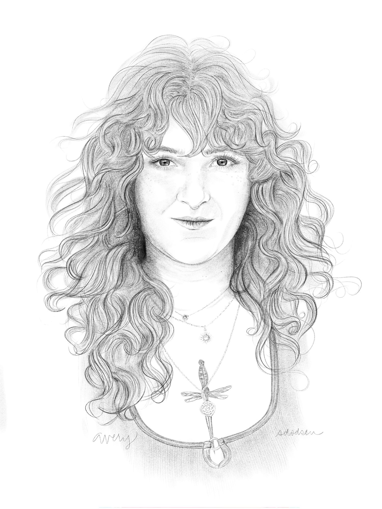 Digital drawing of a young woman with curly hair wearing a necklace