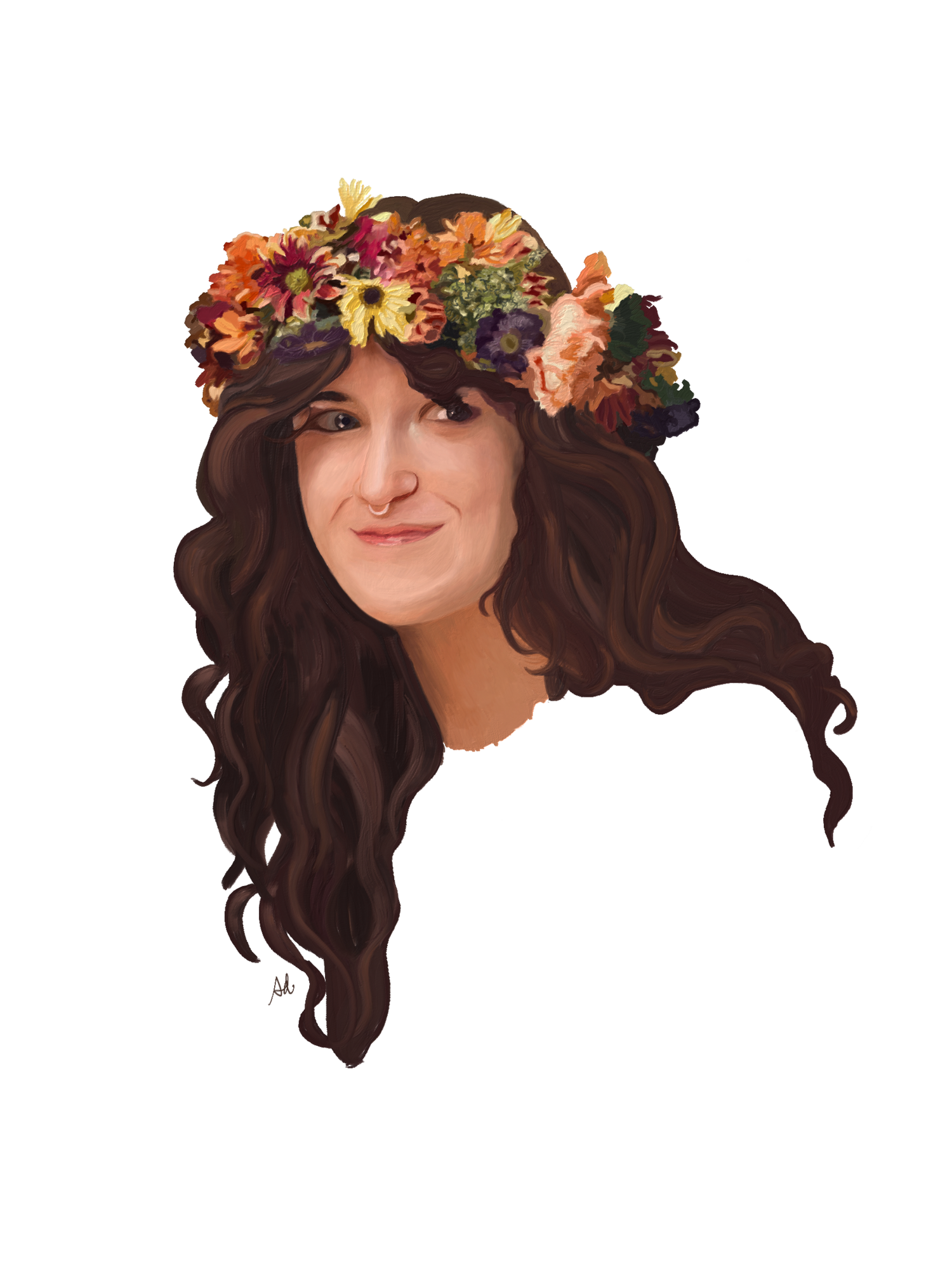 Digital painting of a young woman with long brunette hair wearing a colorful flower crown