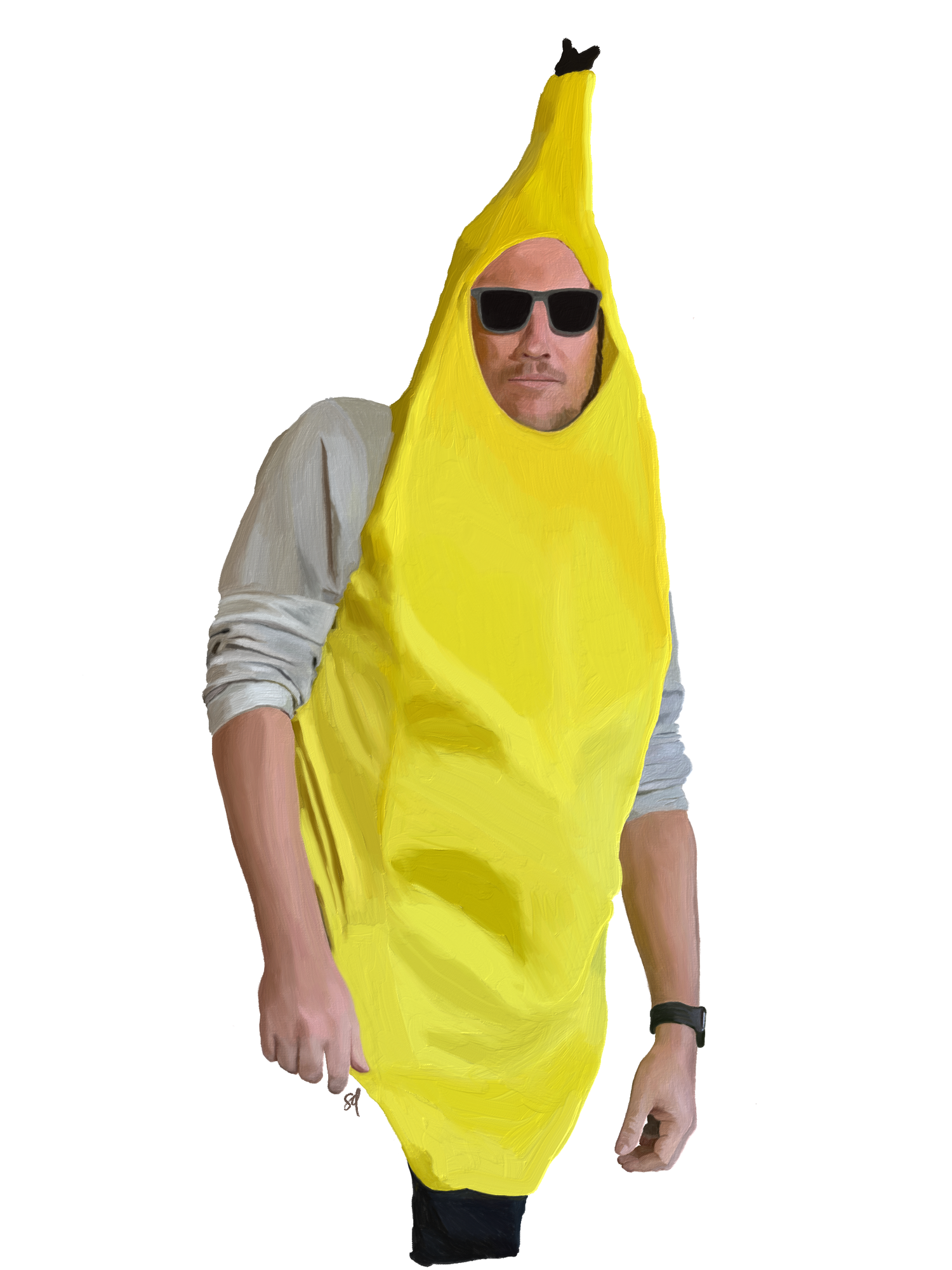 Digital painting of a man wearing sunglasses and a banana costume