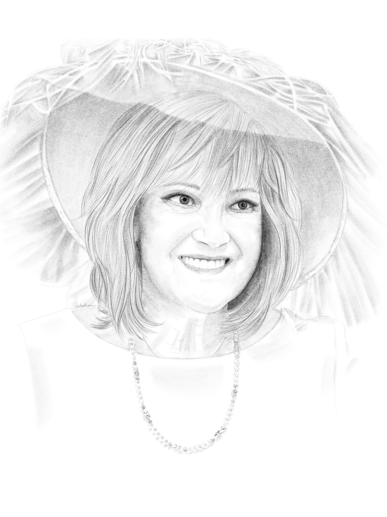 Digital drawing of a woman wearing a large hat while smiling and looking away from the viewer.