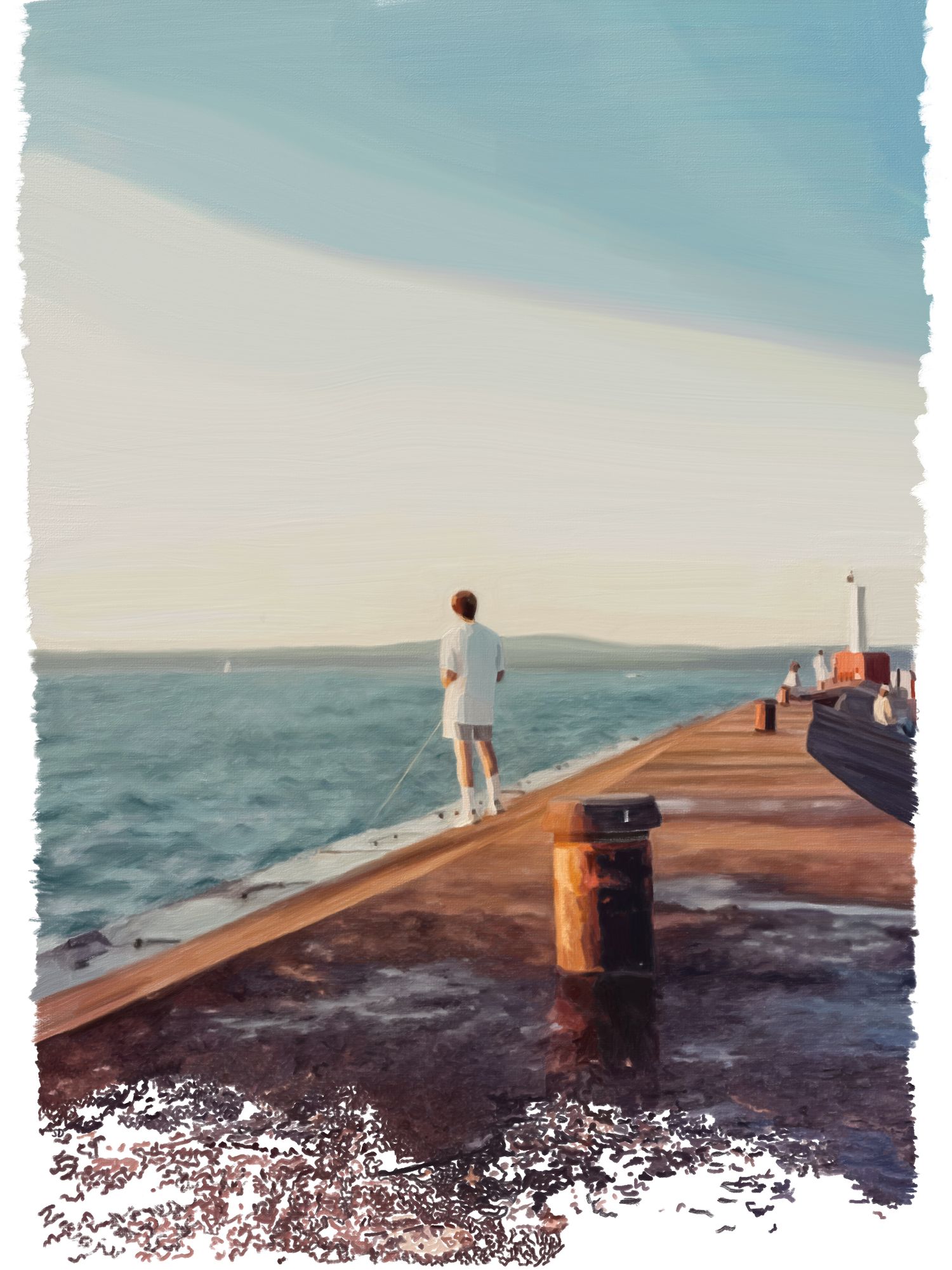 Digital painting of a man fishing off a dock in Lake Michigan with his back turned to the viewer and a purposefully unfinished bottom edge