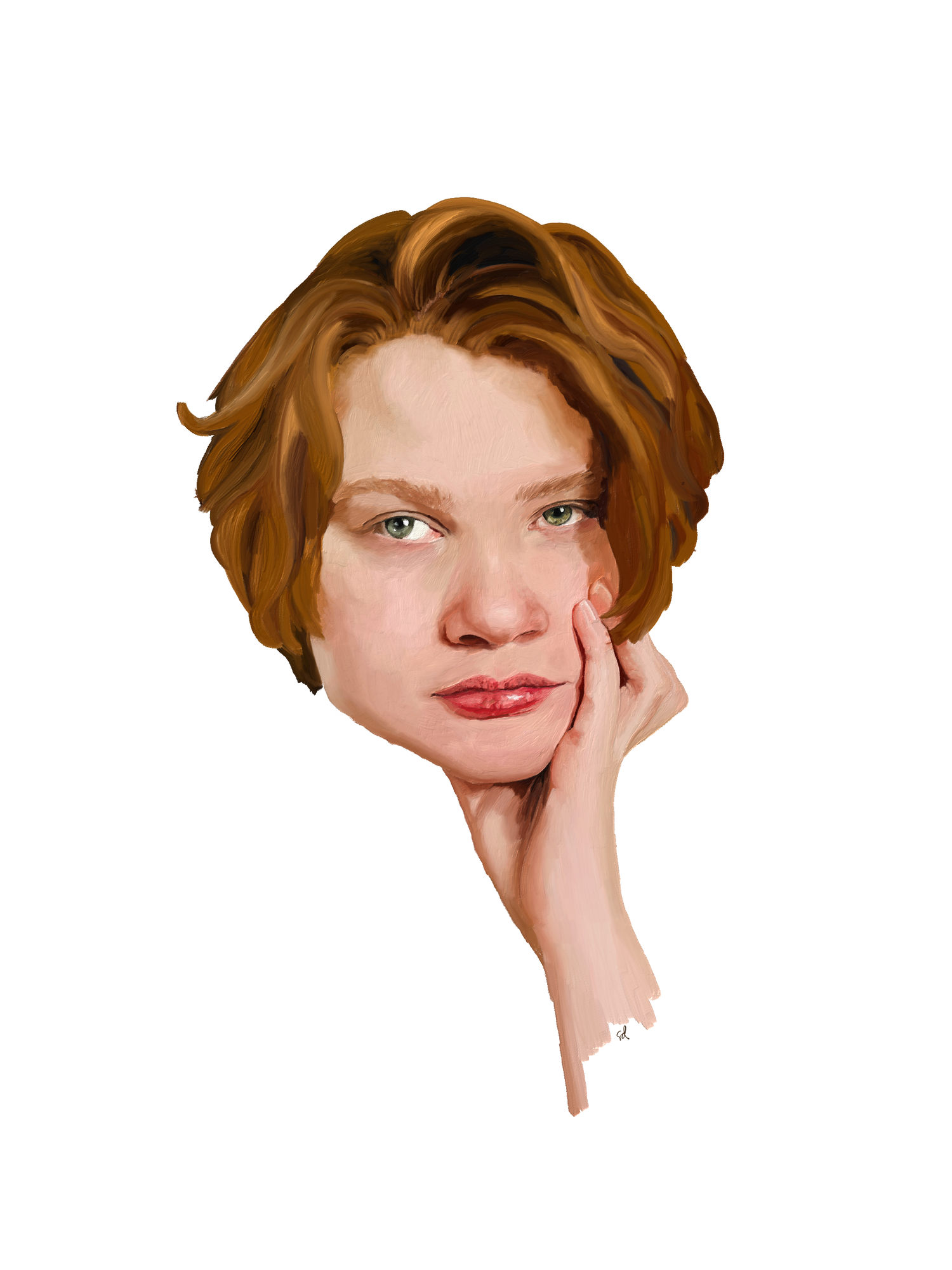 Digital painting of a red-haired young man holding his face and looking away